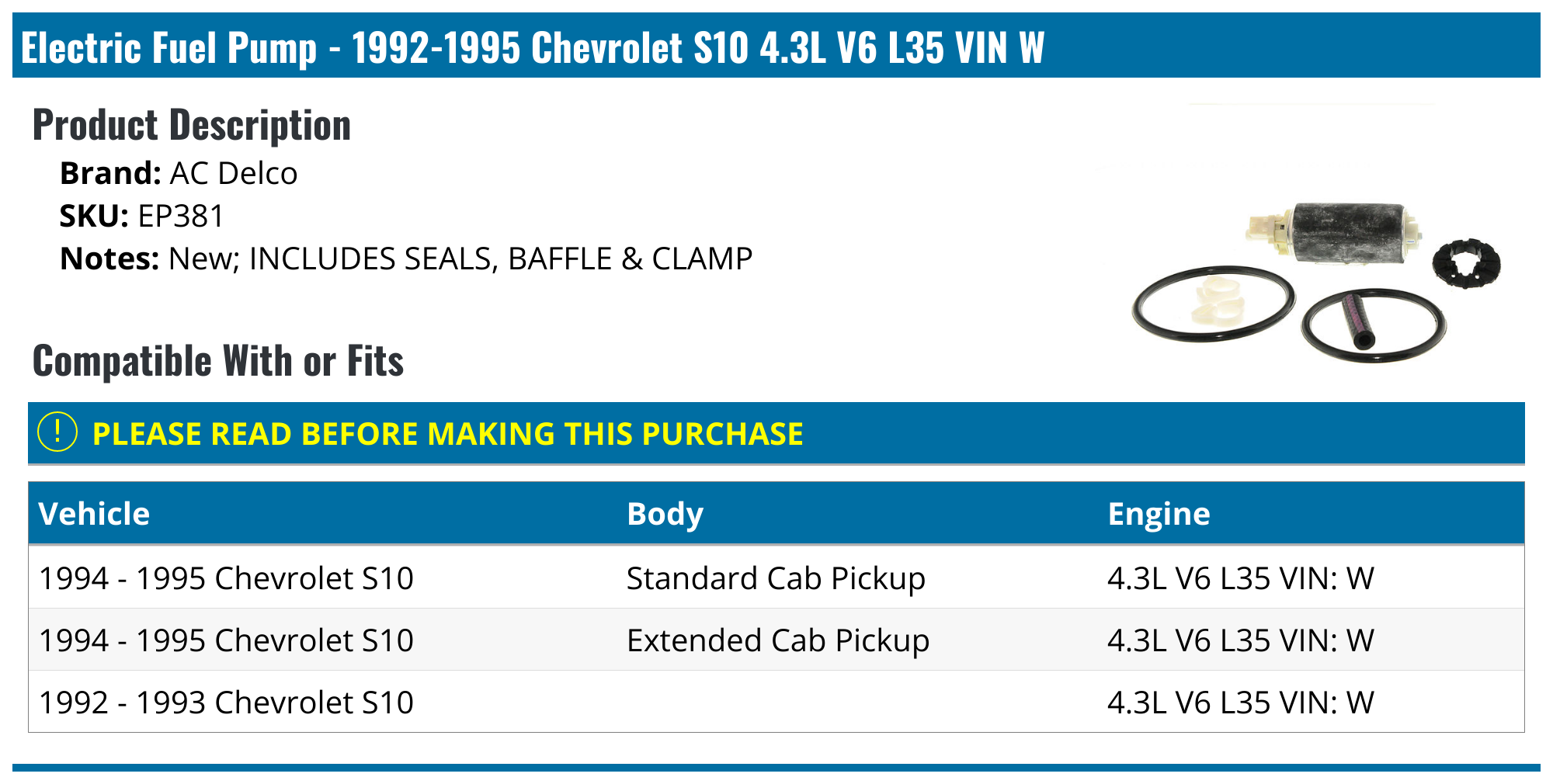 19921995 Chevrolet S10 Fuel Pump AC Delco EP381