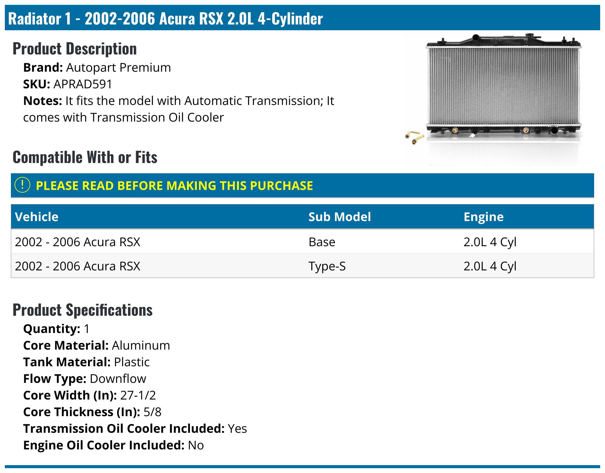 ABC-autoparts2021 1-Row Aluminum Radiator – For 2002-2006 Acura RSX Type-S L4 2.0L
