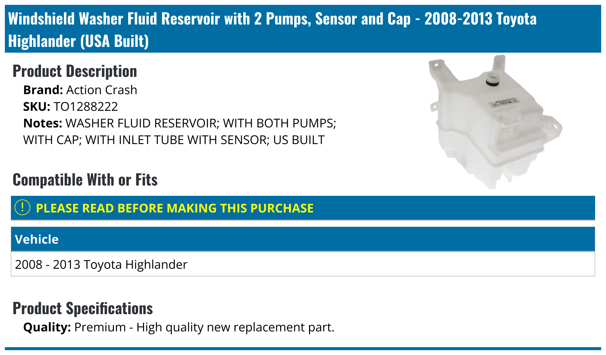 20082013 Toyota Highlander Windshield Washer Tank Action Crash