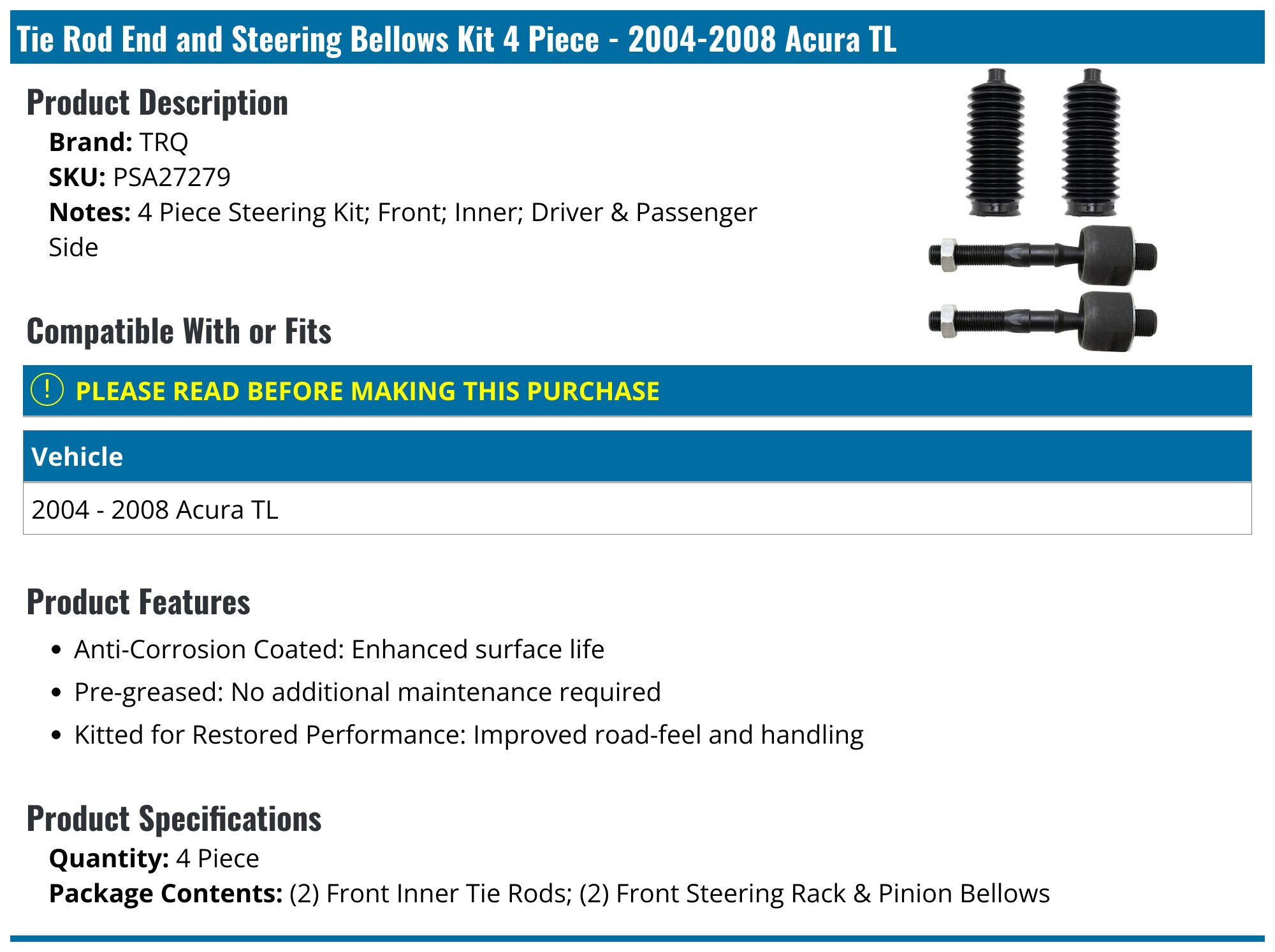 4-Piece Front Inner & Outer Tie Rod End Set For 2004-2008 Acura TL – Suspension Dudes