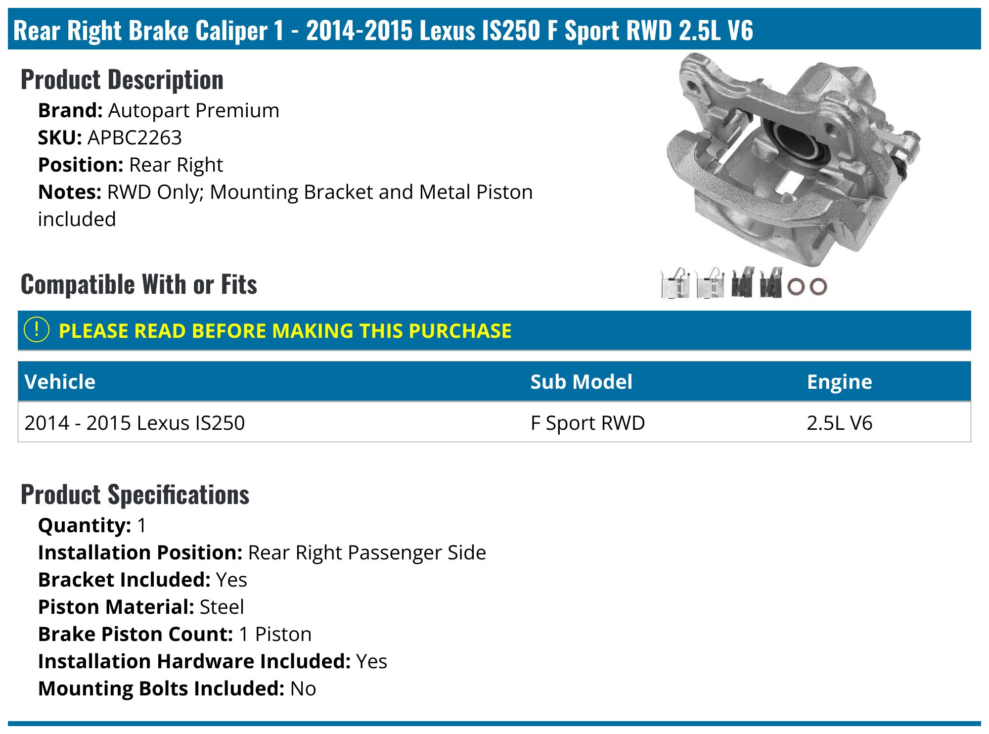 Front Driver Brake Caliper with Bracket for 2006-2015 Lexus IS250