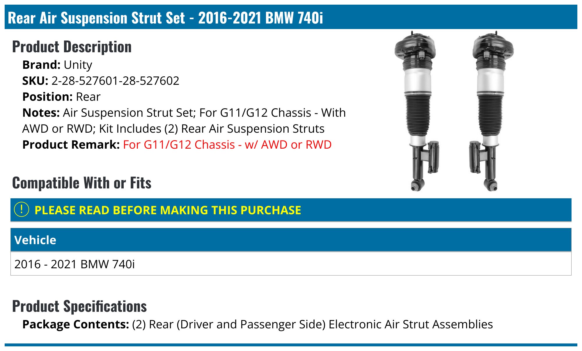 2016-2021 BMW 740i Strut Assembly - Unity 2-28-527601-28-527602 - Rear ...