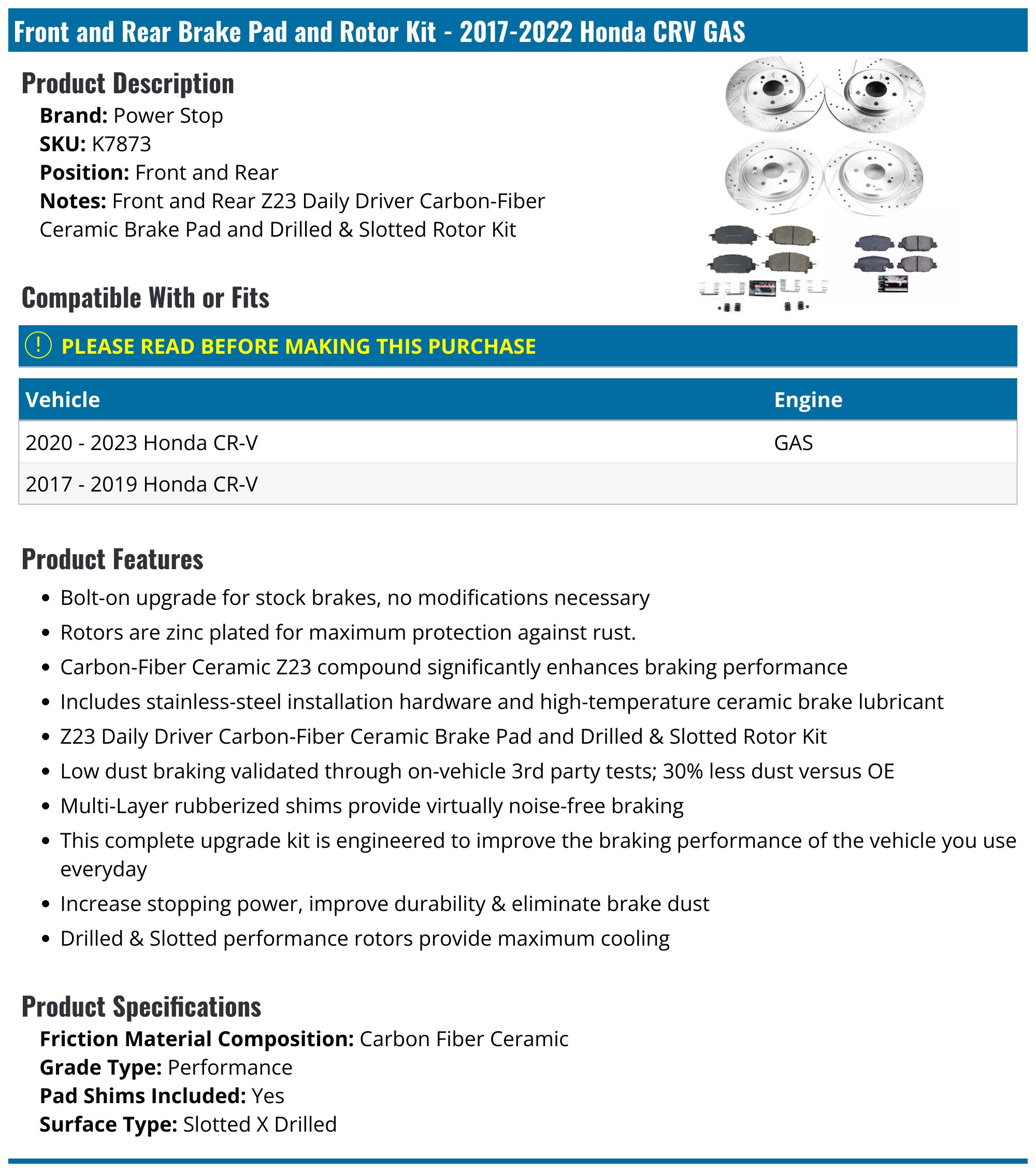 Power Stop K7528 Z23 Brake Kit - Carbon Fiber Pads & Drilled/Slotted Rotors For Honda CR-V 2017-2023
