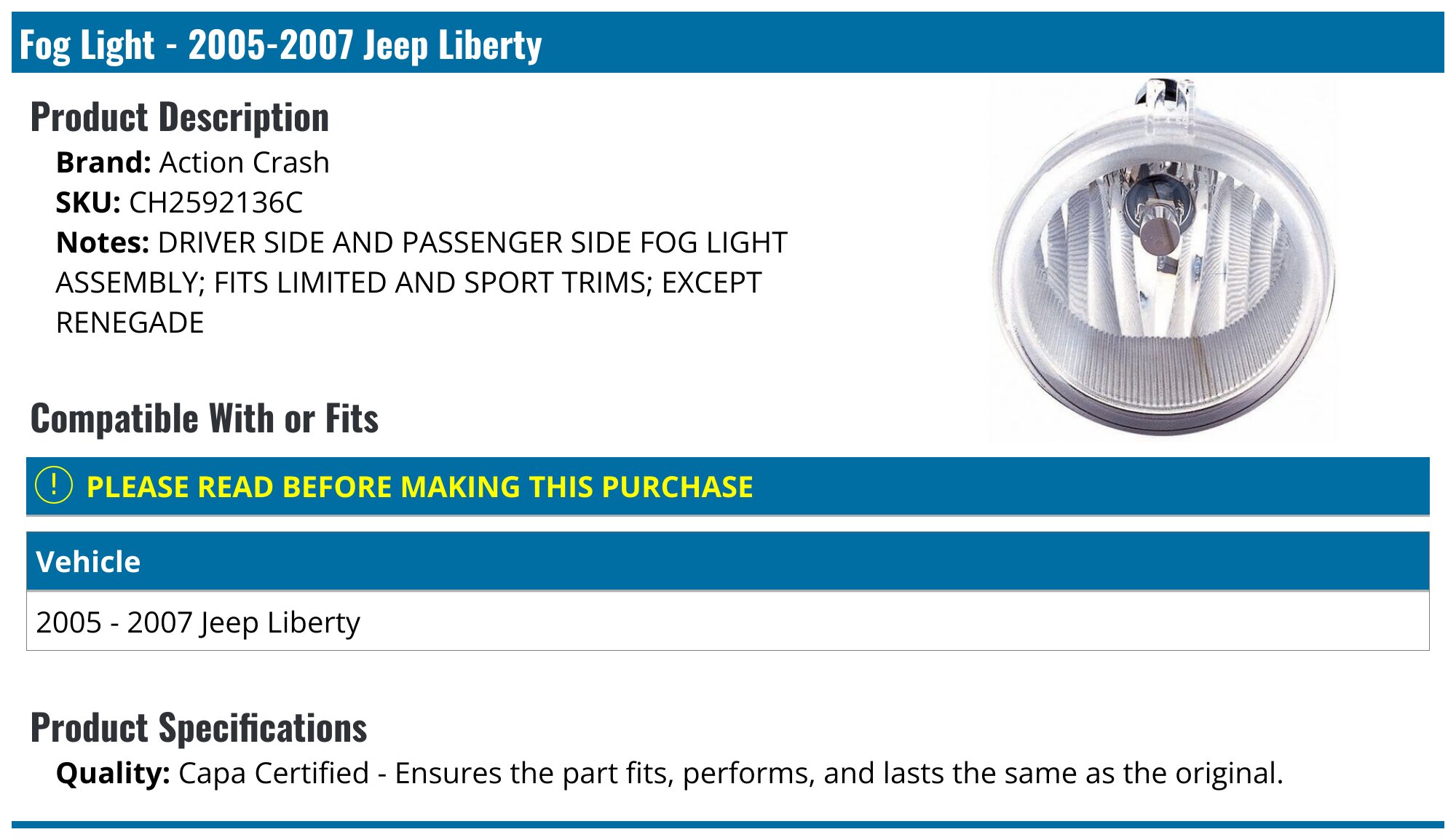 20052007 Jeep Liberty Fog Light Action Crash CH2592136C
