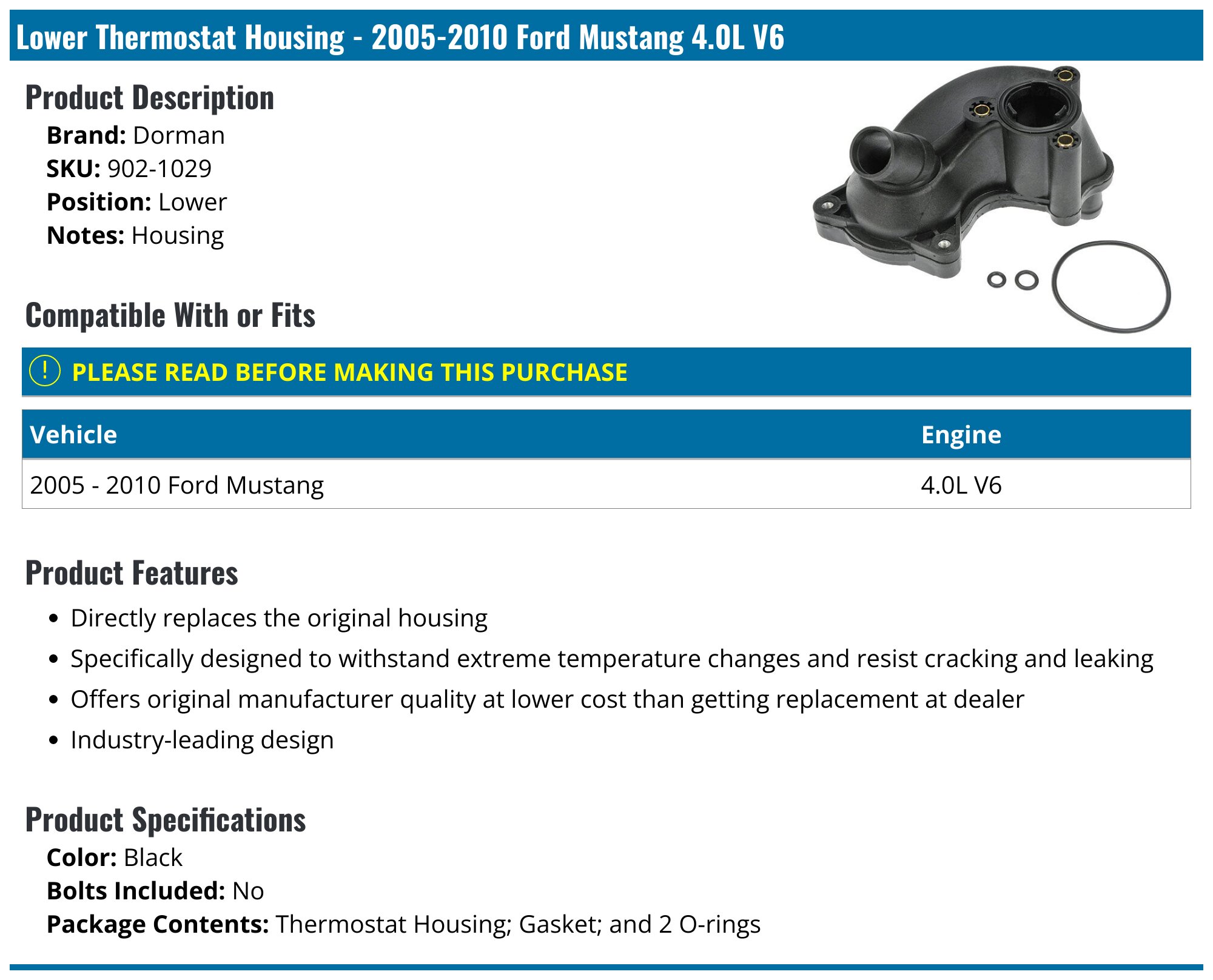 20052010 Ford Mustang Thermostat Housing Dorman 9021029 Lower