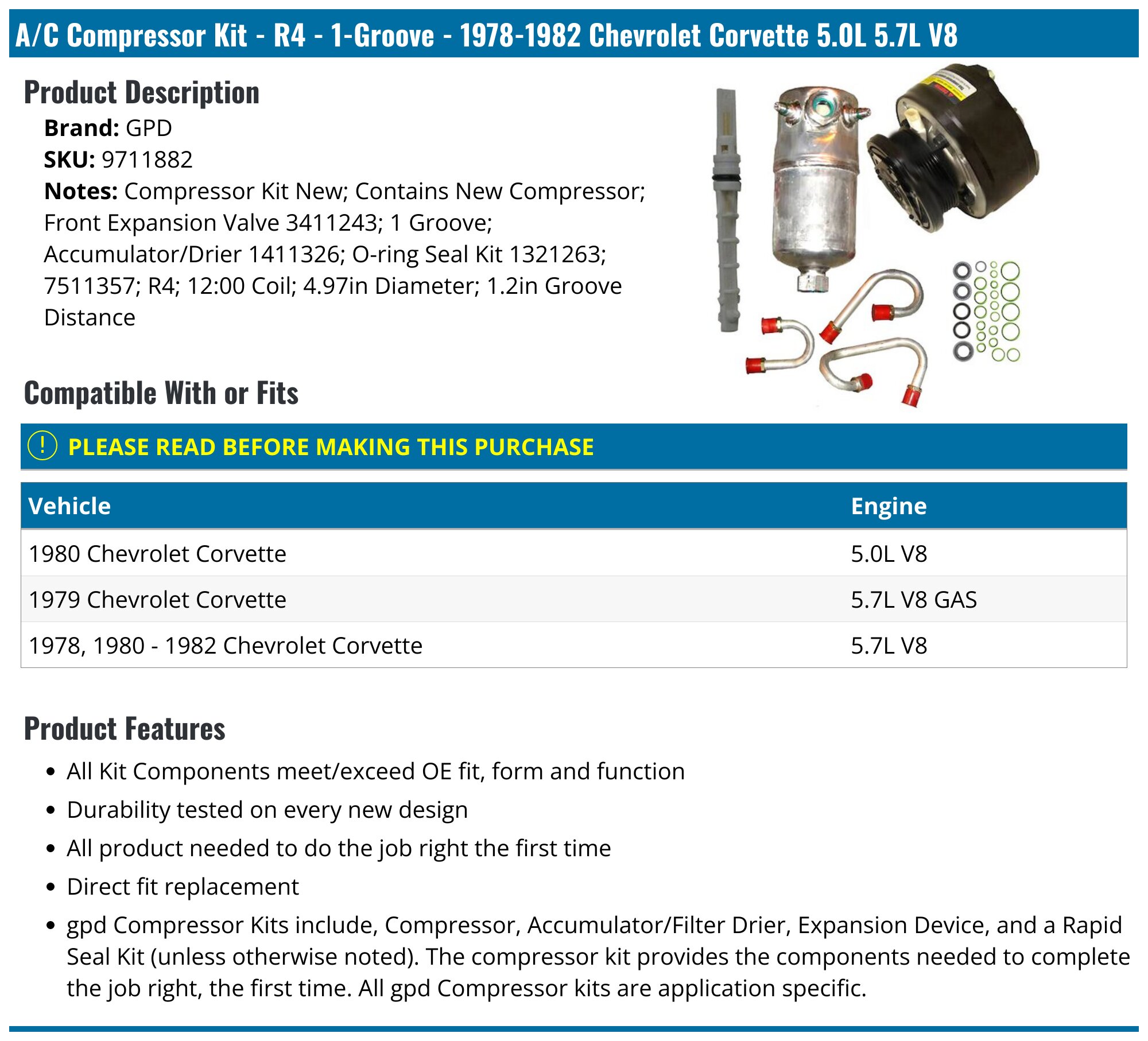 1978-1982 Chevrolet Corvette A/C Compressor - GPD 9711882 - PartsGeek.com