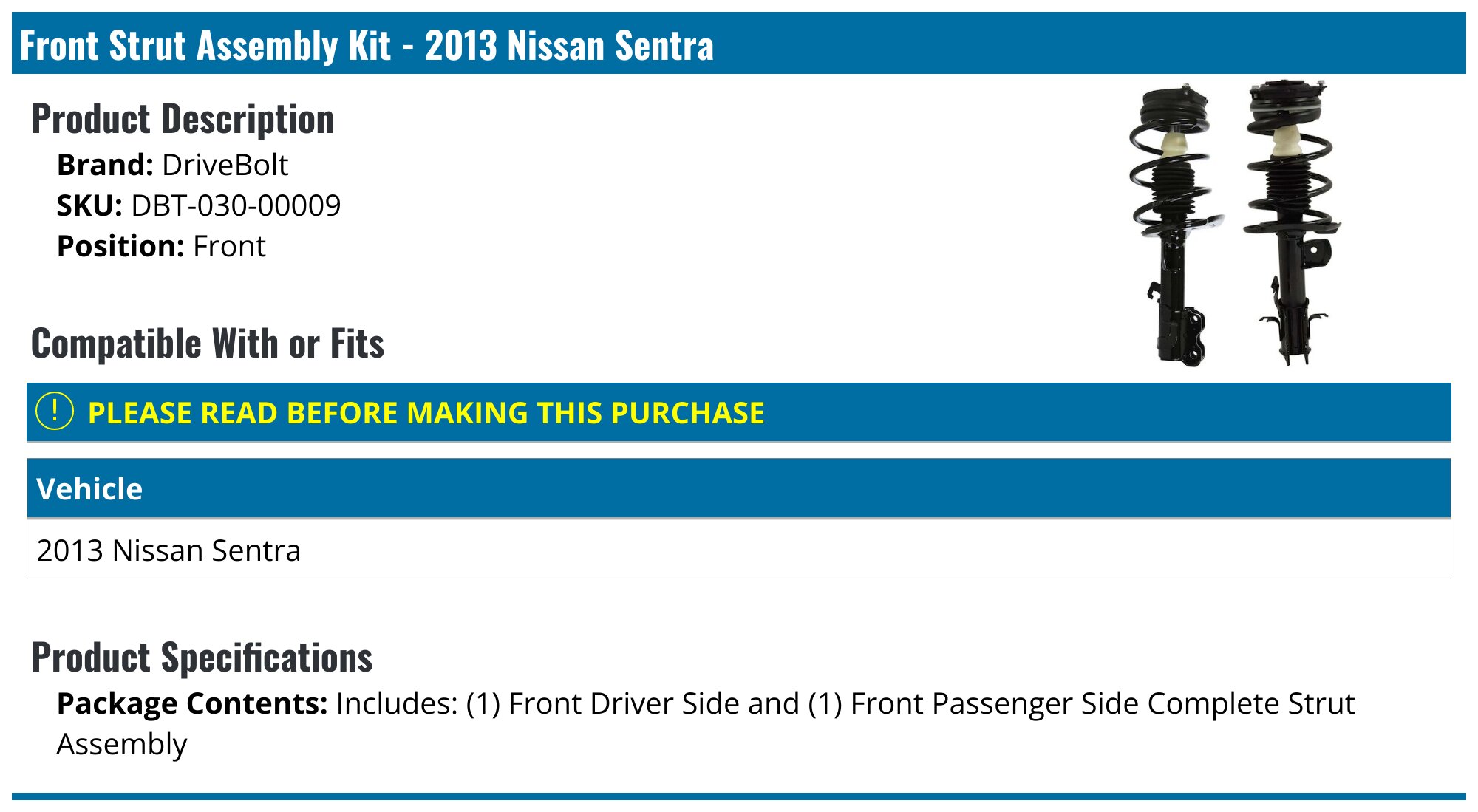Front Strut Set Pair For 2013-2019 Nissan Sentra - Left & Right Twin-Tube Replacement