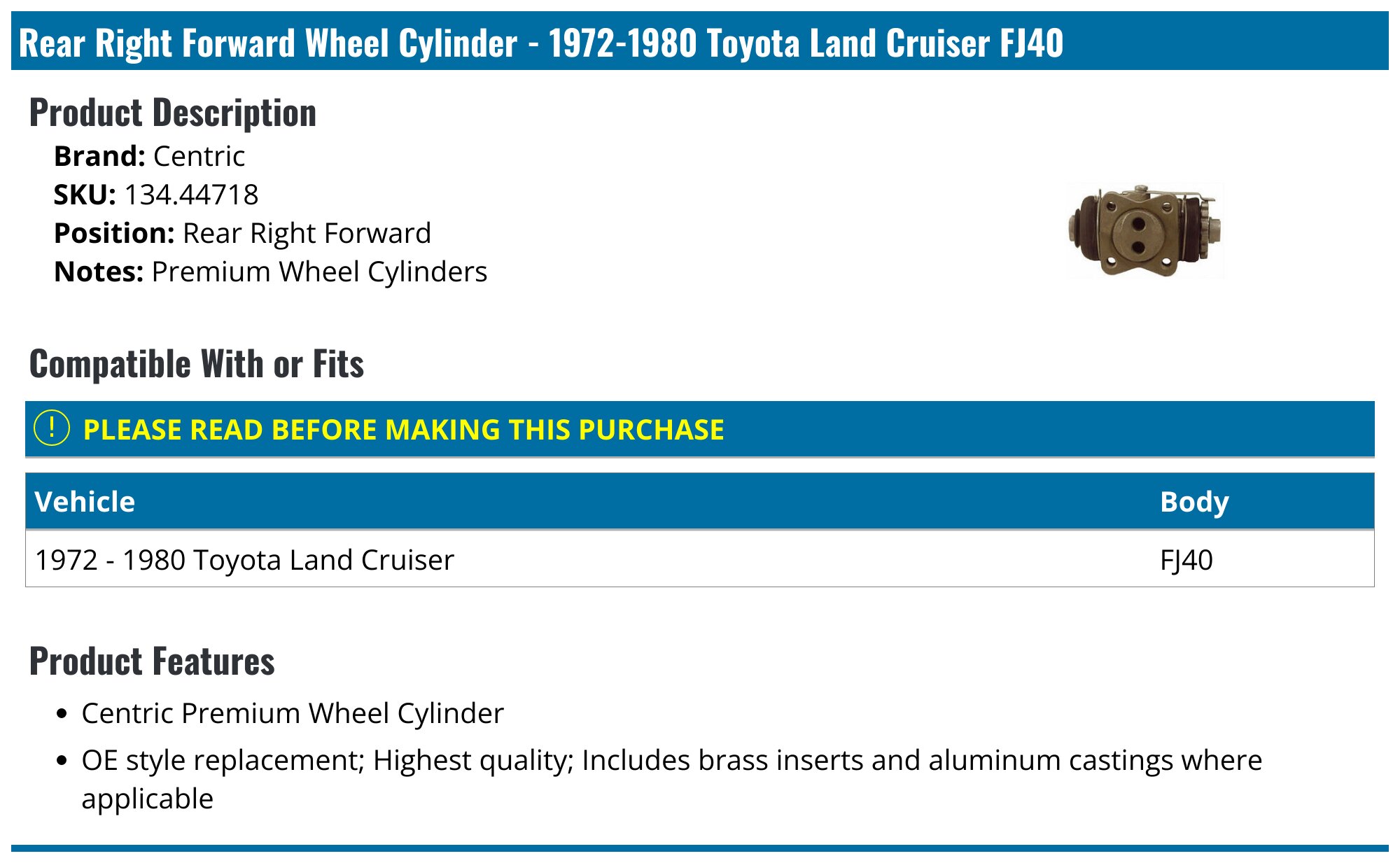 1972-1980 Toyota Land Cruiser Wheel Cylinder - Centric 134.44718
