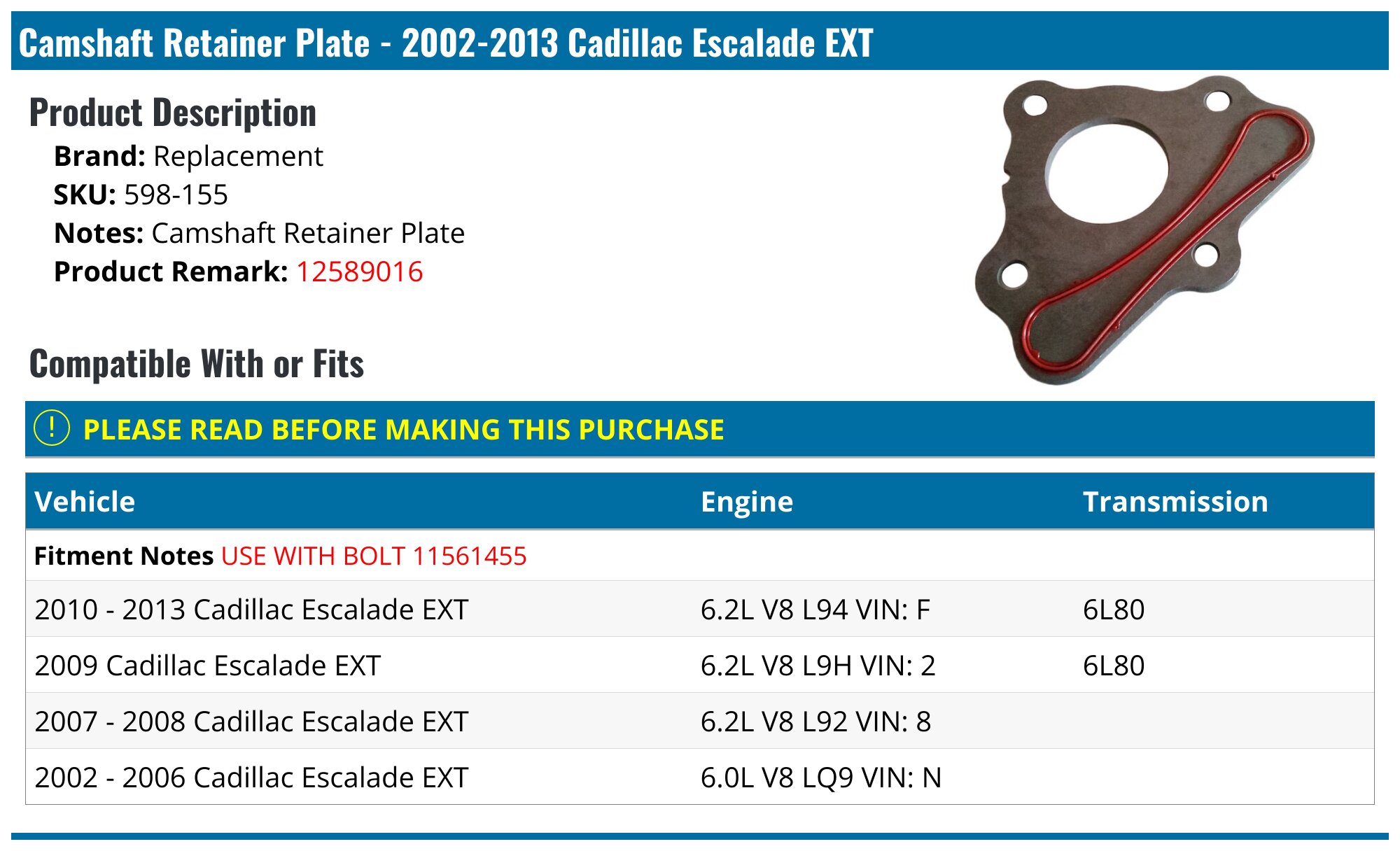 Camshaft Retainer Plate Gasket ARP 134-1003 Change Kit W