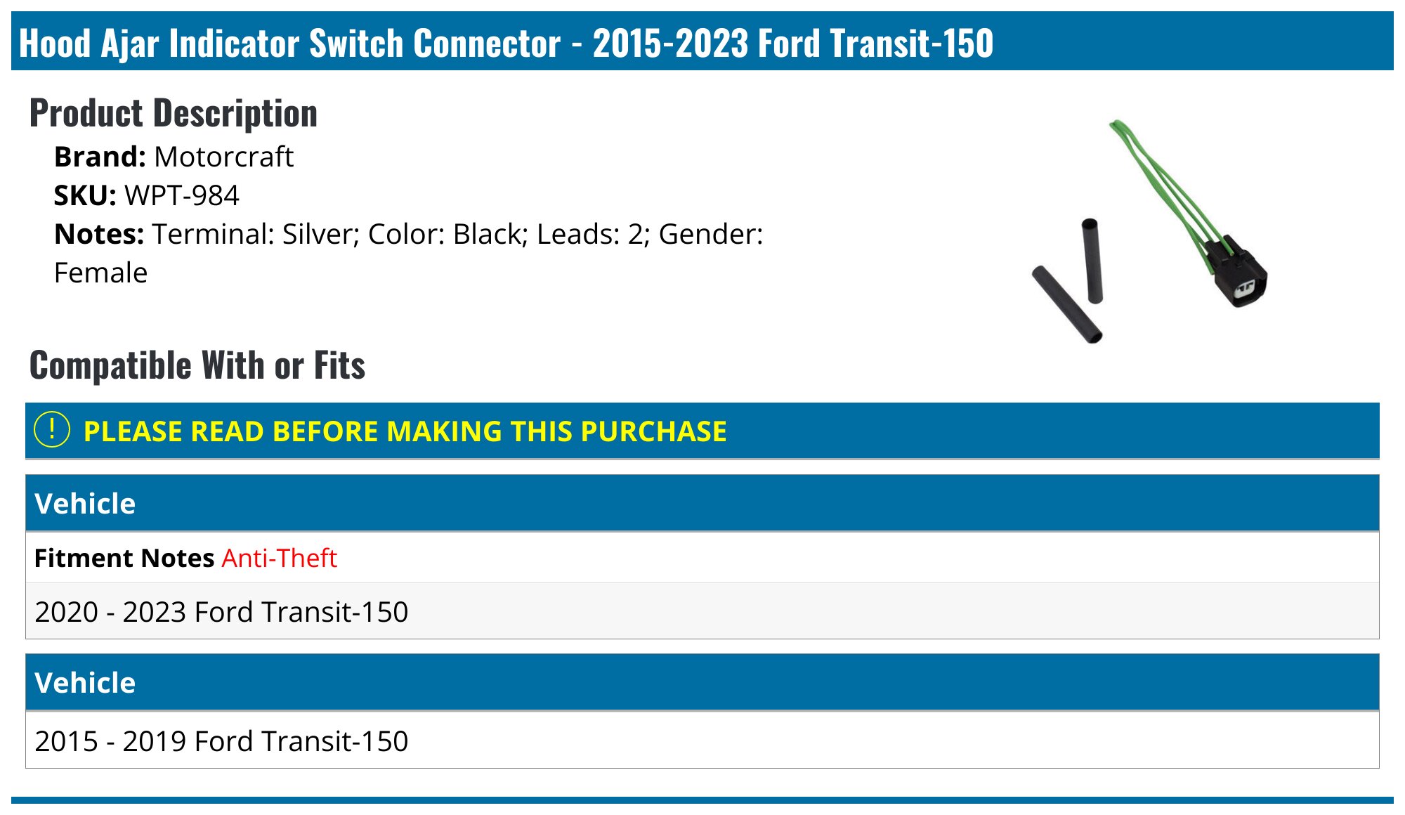2015-2025 Ford Transit-150 Hood Ajar Indicator Switch Connector ...