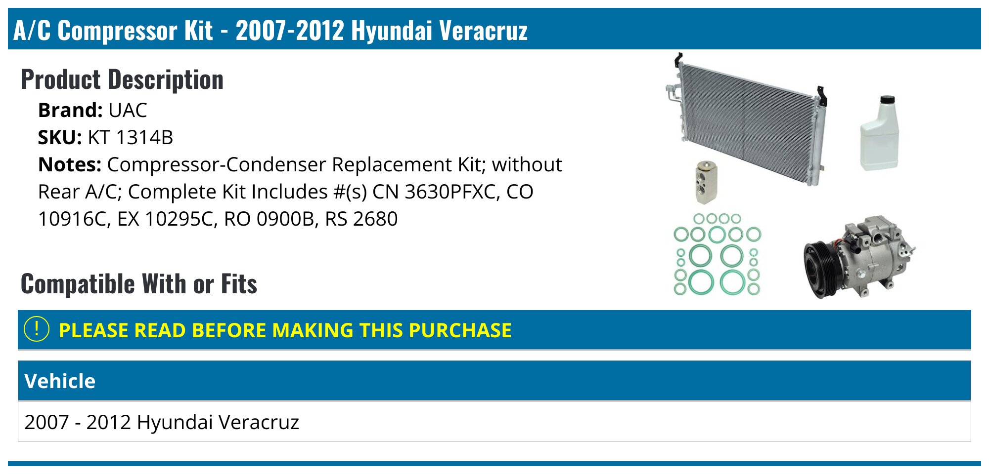 2007-2012 Hyundai Veracruz A/C Compressor - UAC KT 1314B - PartsGeek.com