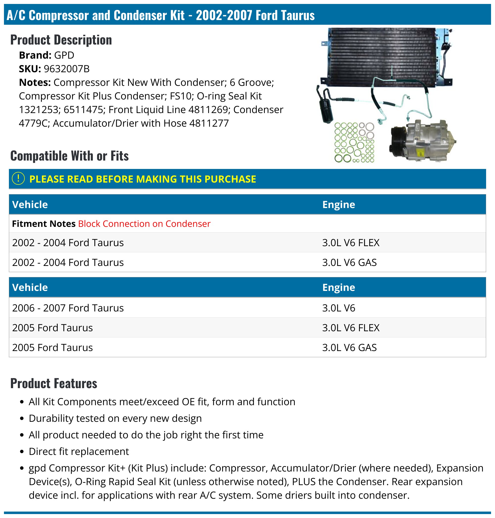 2002-2007 Ford Taurus A/C Compressor - GPD 9632007B - PartsGeek.com