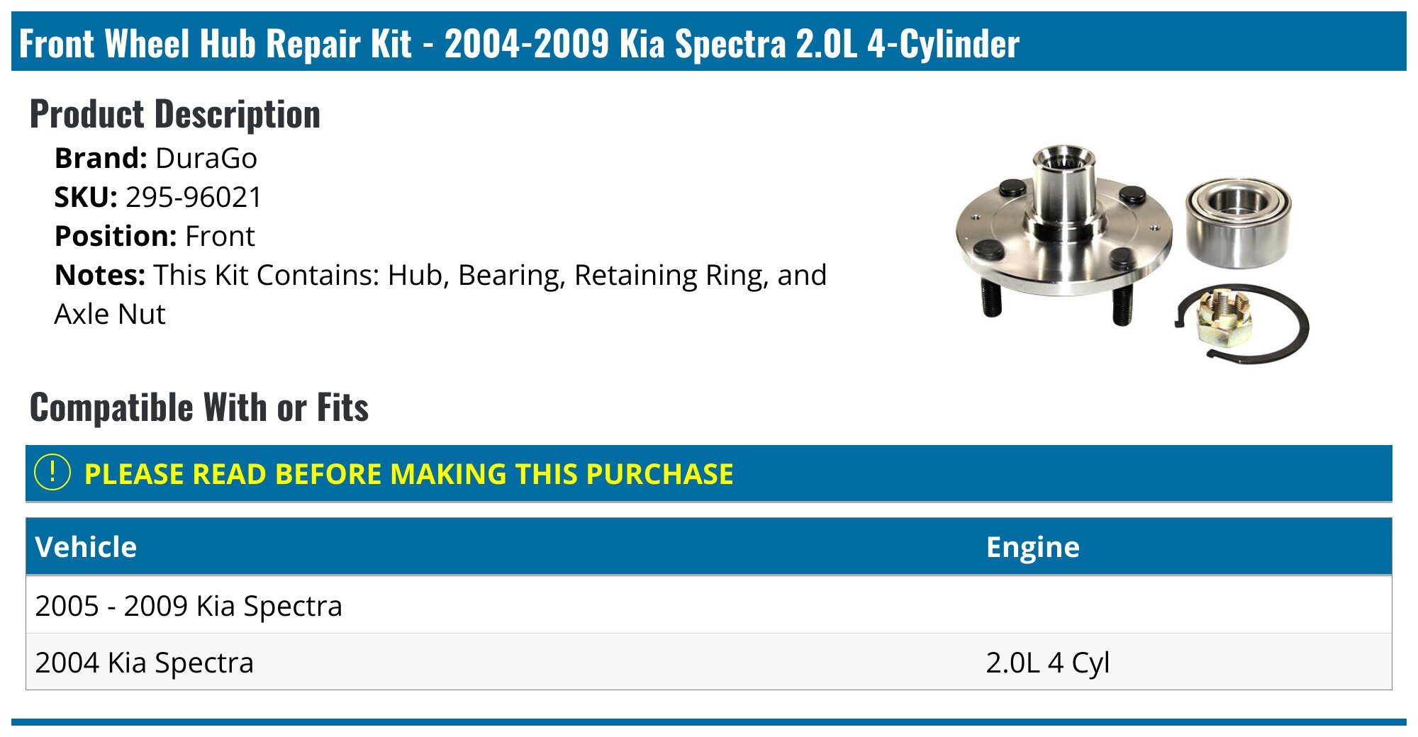 Spectrum Rim Repair 2004-2009 Kia Spectra Wheel Hub Assembly - DuraGo 295-96021 - Front ...