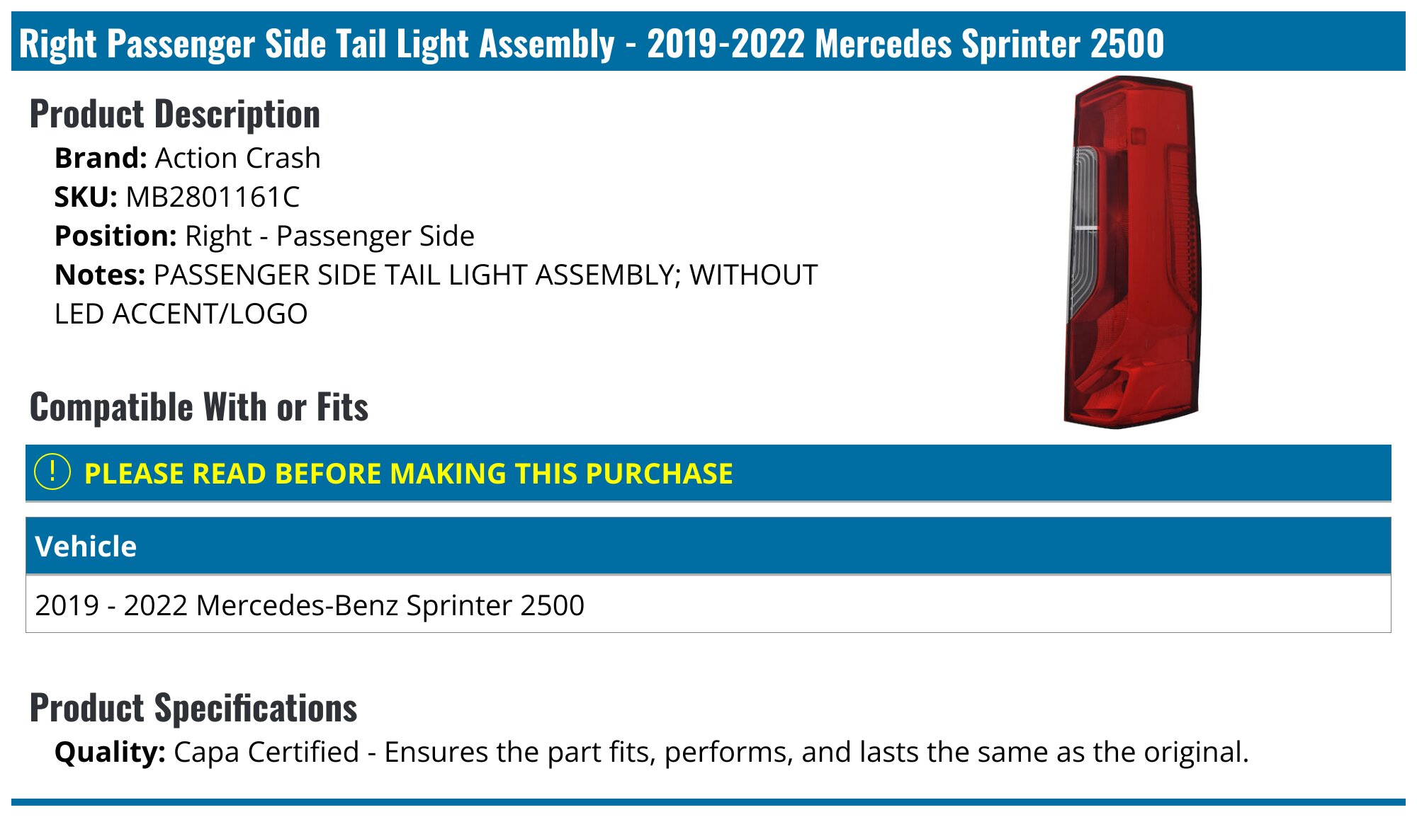 Right Tail Light Assembly - Compatible with 2019 - 2022 Mercedes-Benz