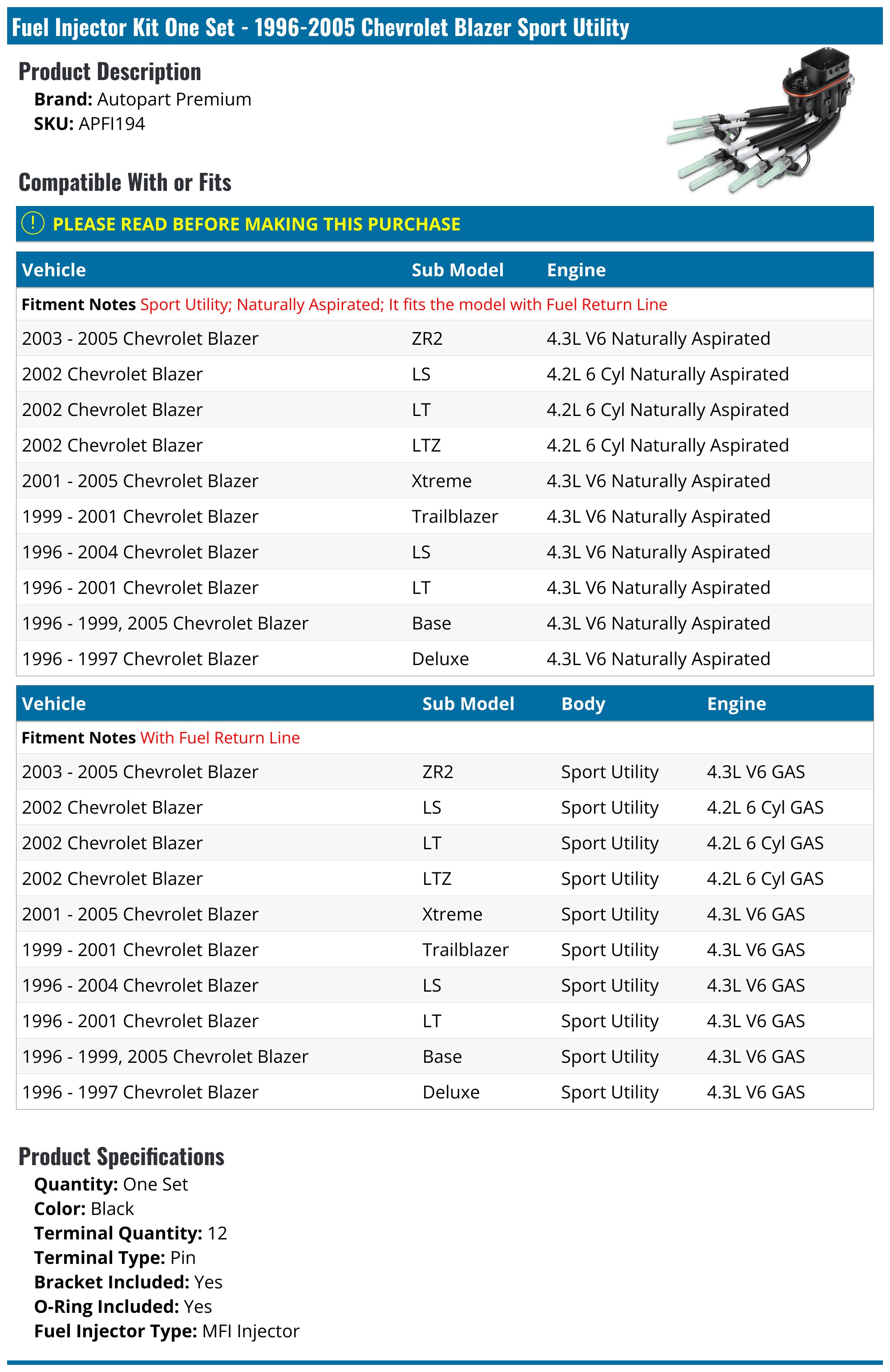 1996-2005 Chevrolet Blazer Fuel Injector - Autopart Premium APFI194 ...