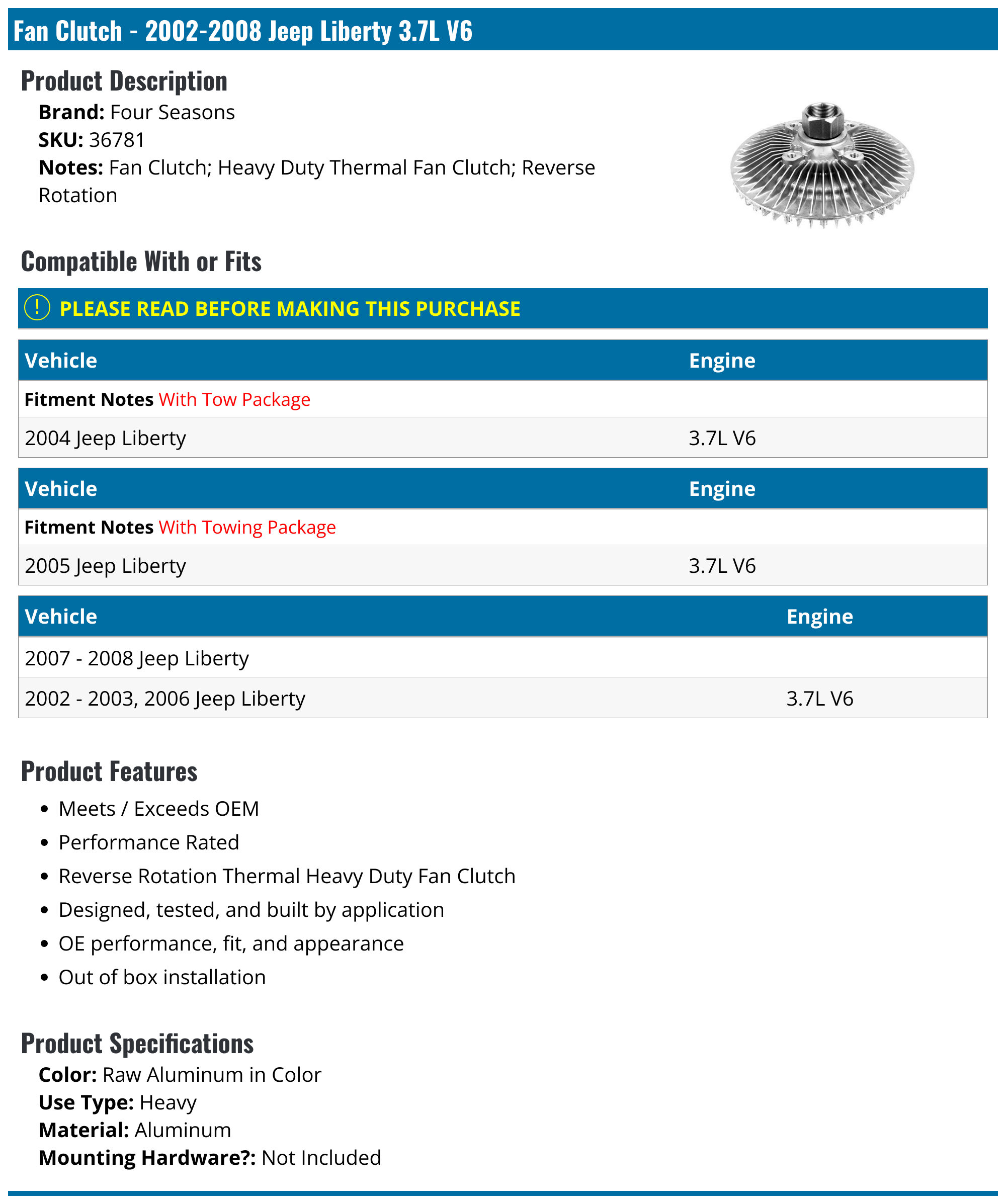 20022008 Jeep Liberty Fan Clutch Four Seasons 36781