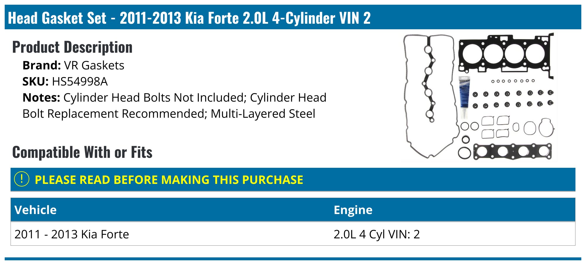 Engine Cylinder Head Gasket Set-VIN: 2 Mahle HS54998A