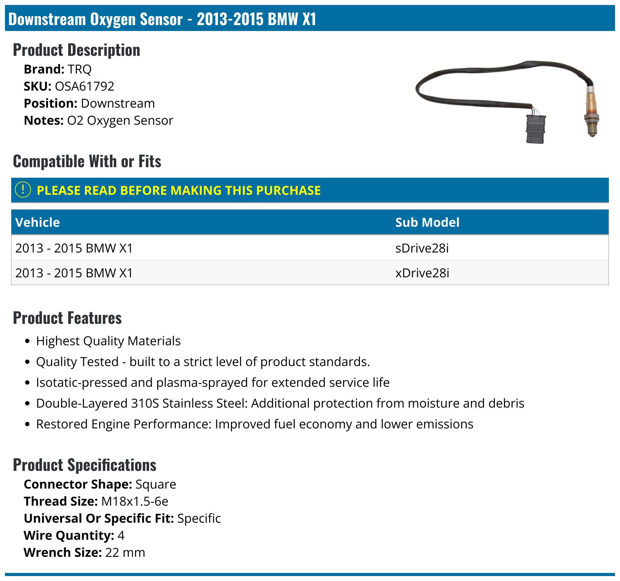 20122015 BMW X1 Oxygen Sensor TRQ OSA61792 Downstream