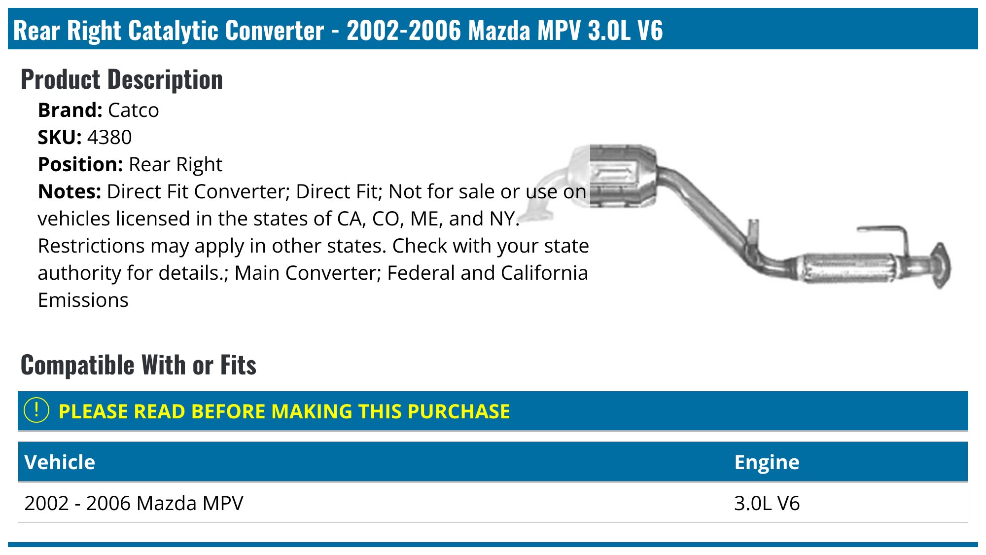 Green Exhaust Right Side Catalytic Converter With Flex Pipe For 2002–2006 Mazda MPV 3.0L – EPA Certified, 5-Year Warranty