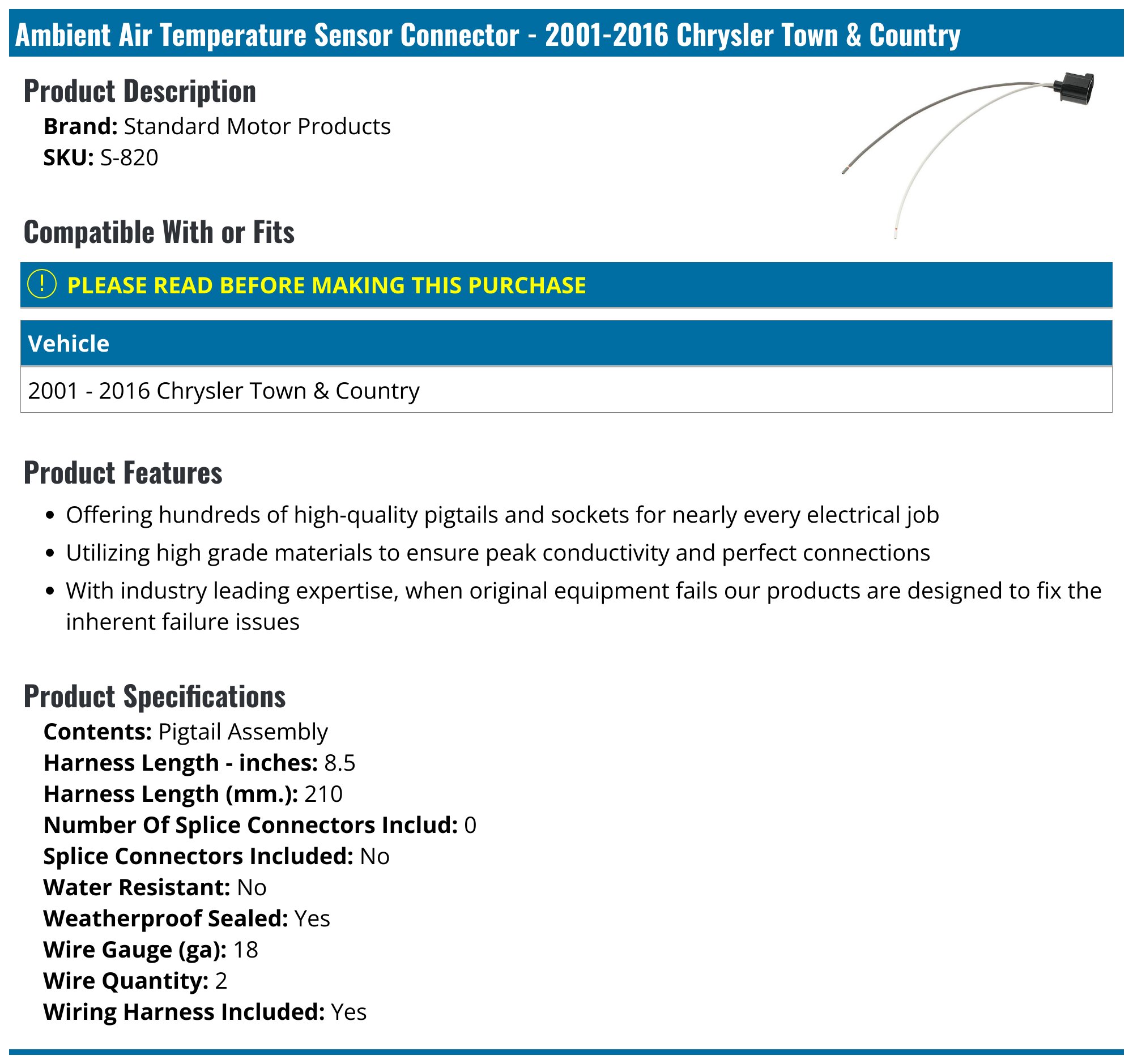 20012016 Chrysler Town & Country Ambient Air Temperature Sensor