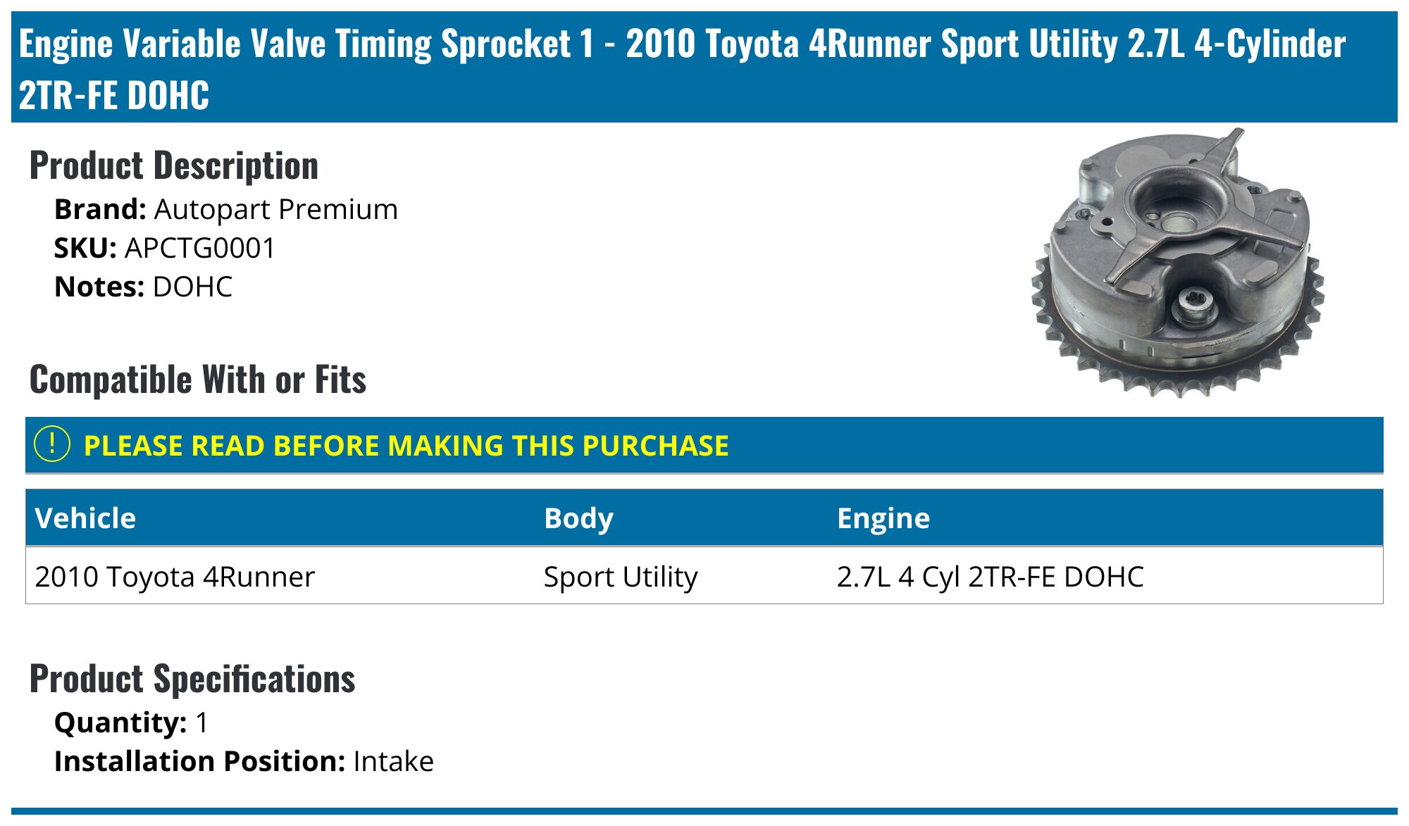 2010 Toyota 4Runner Engine Variable Valve Timing Sprocket - Autopart ...