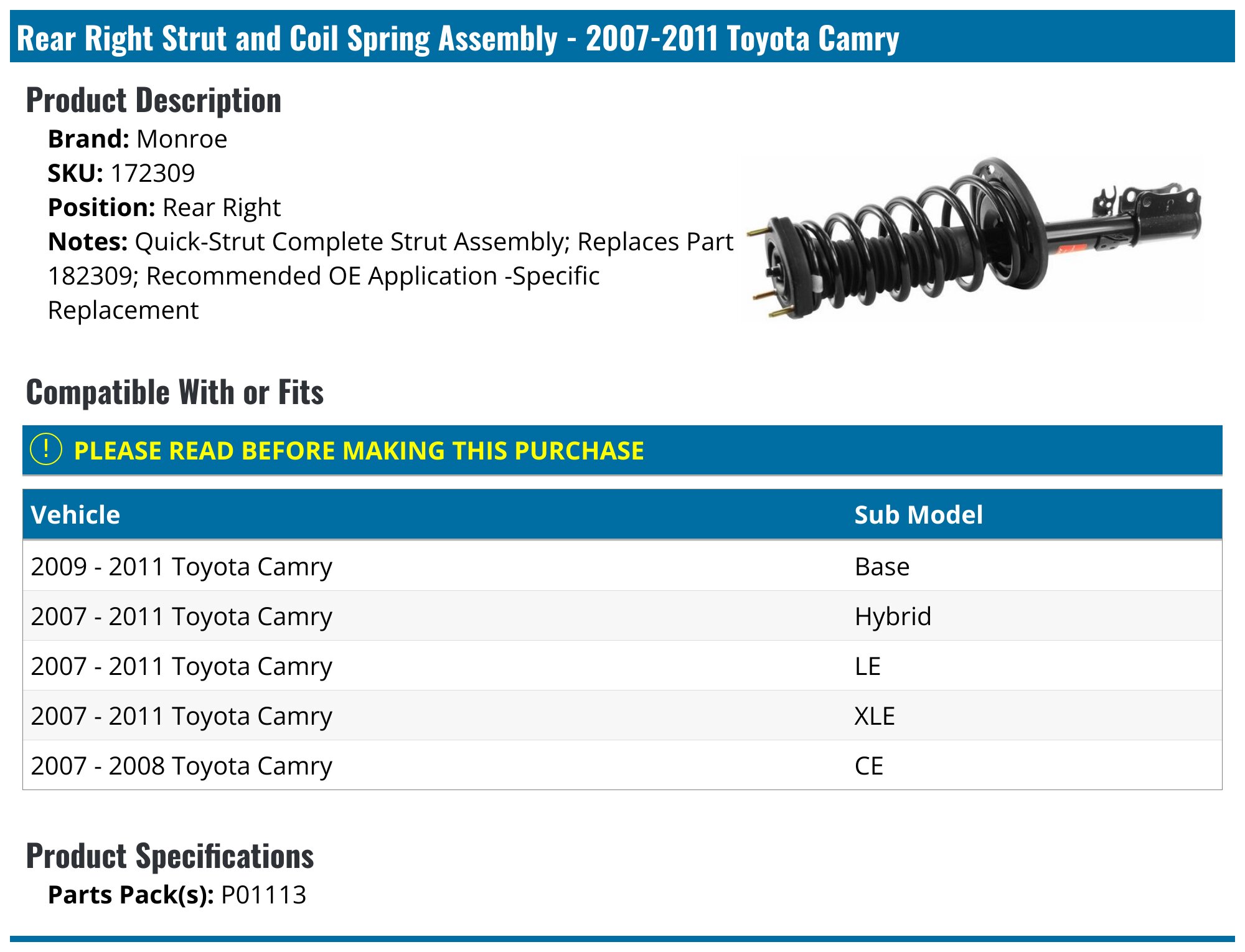 Complete Set Of 4 Front & Rear Shock Strut Assemblies For 2007-2011 Toyota Camry - LEADZM Direct Replacement