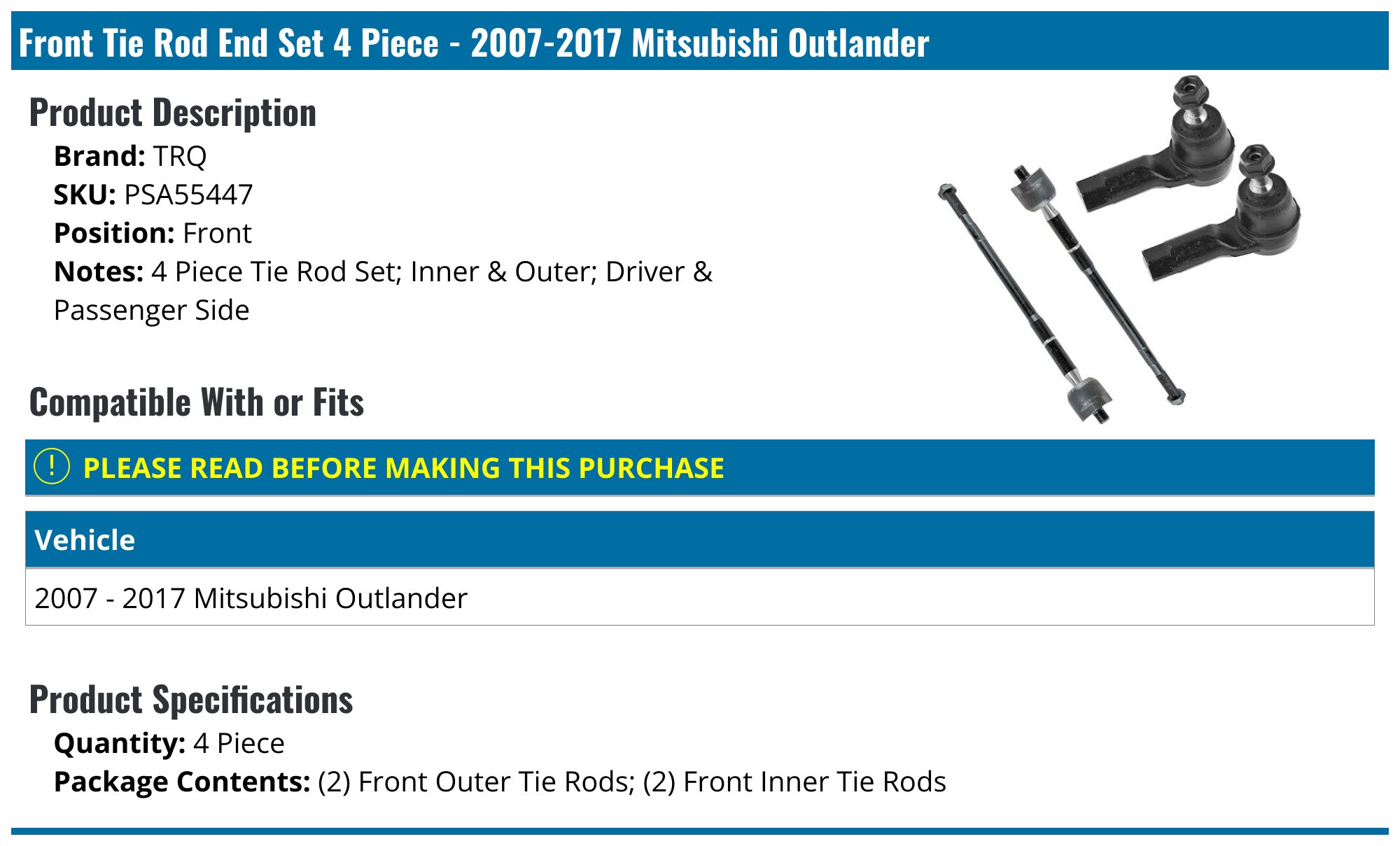 20072013 Mitsubishi Outlander Tie Rod End TRQ PSA55447 Front