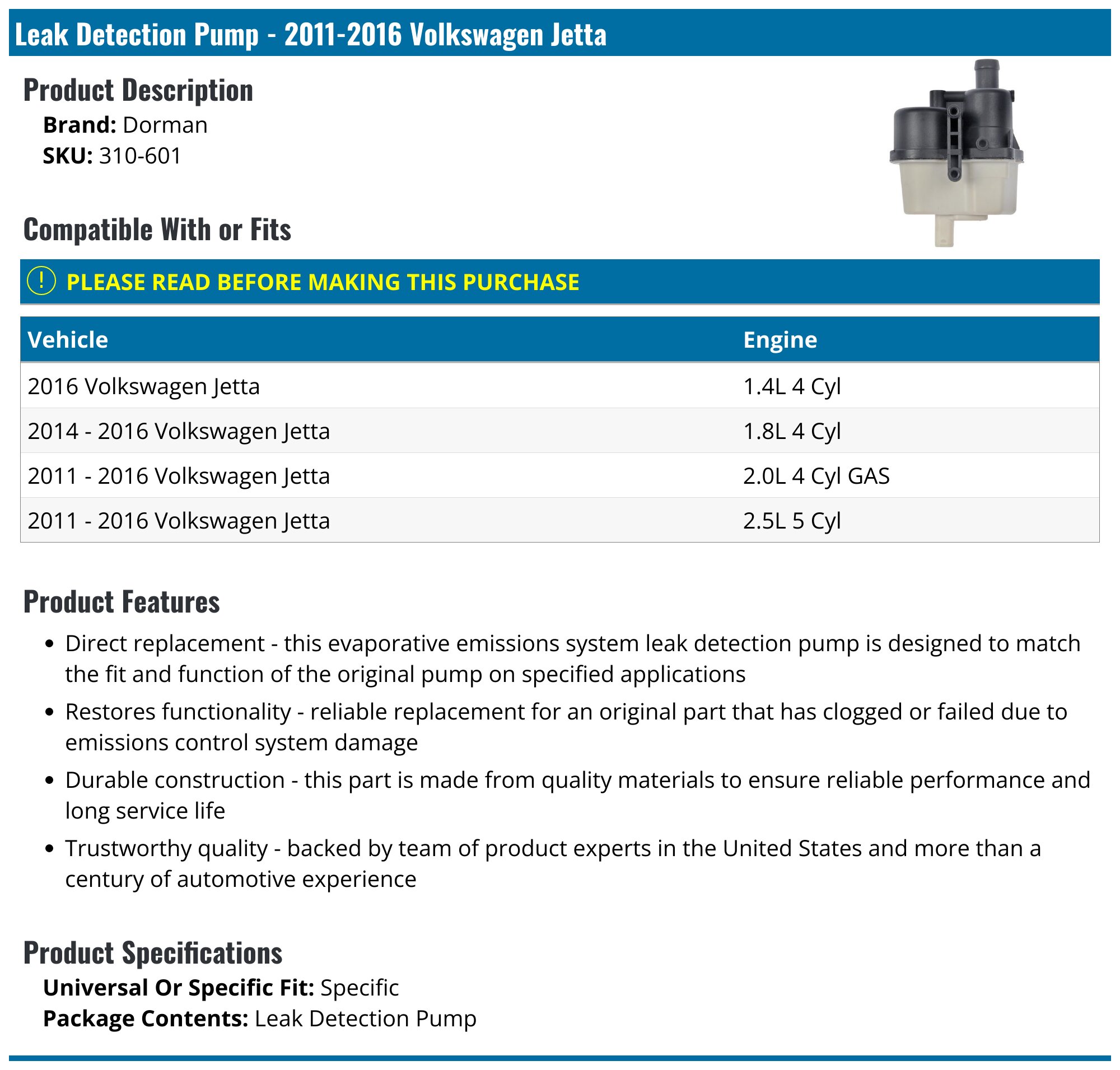 2011-2016 Volkswagen Jetta Leak Detection Pump - Dorman 310-601