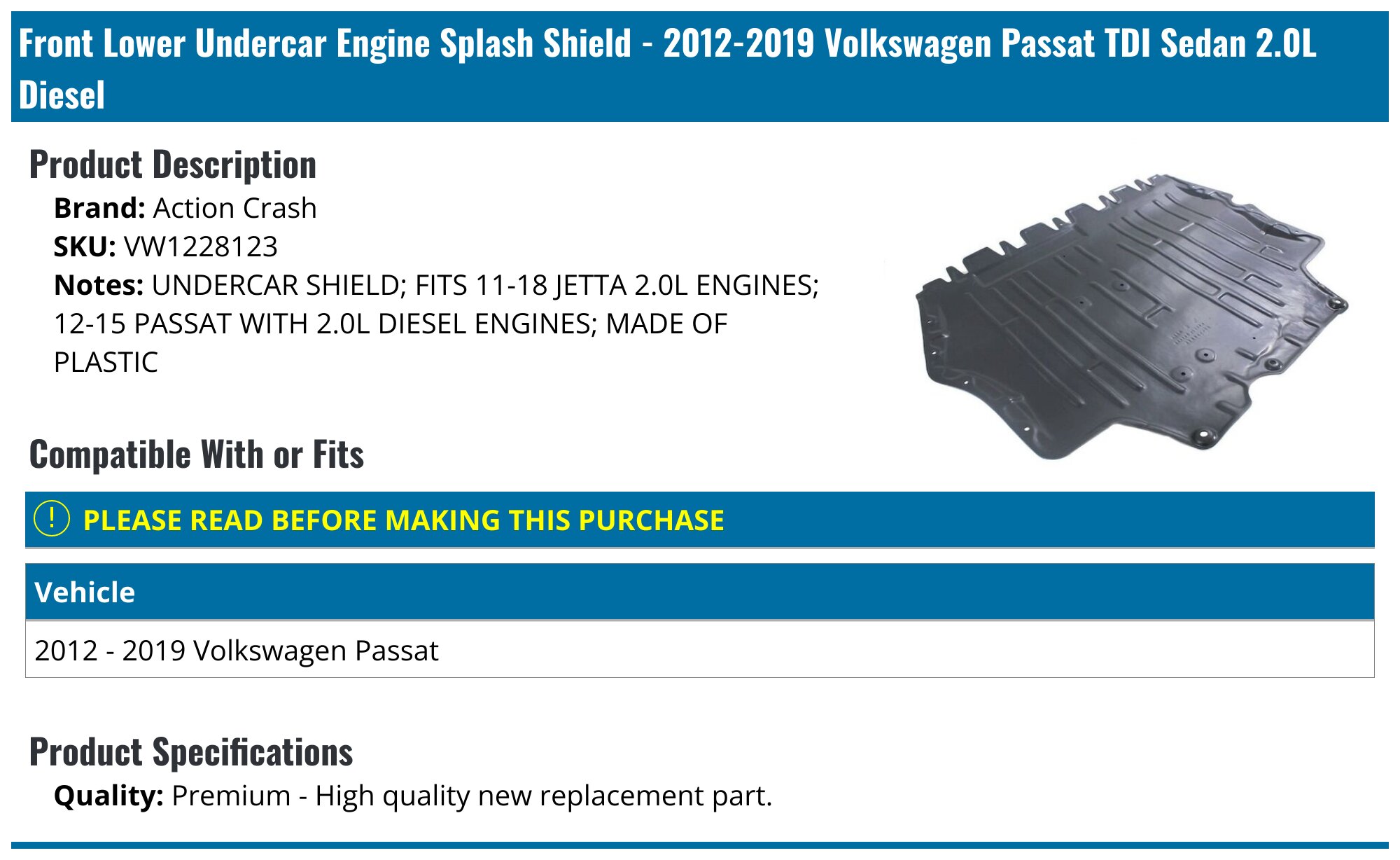 Genuine Fit VW Passat 2012-2015 Engine Splash Shield – Direct Replacement Lower Cover (OE 561825237D)