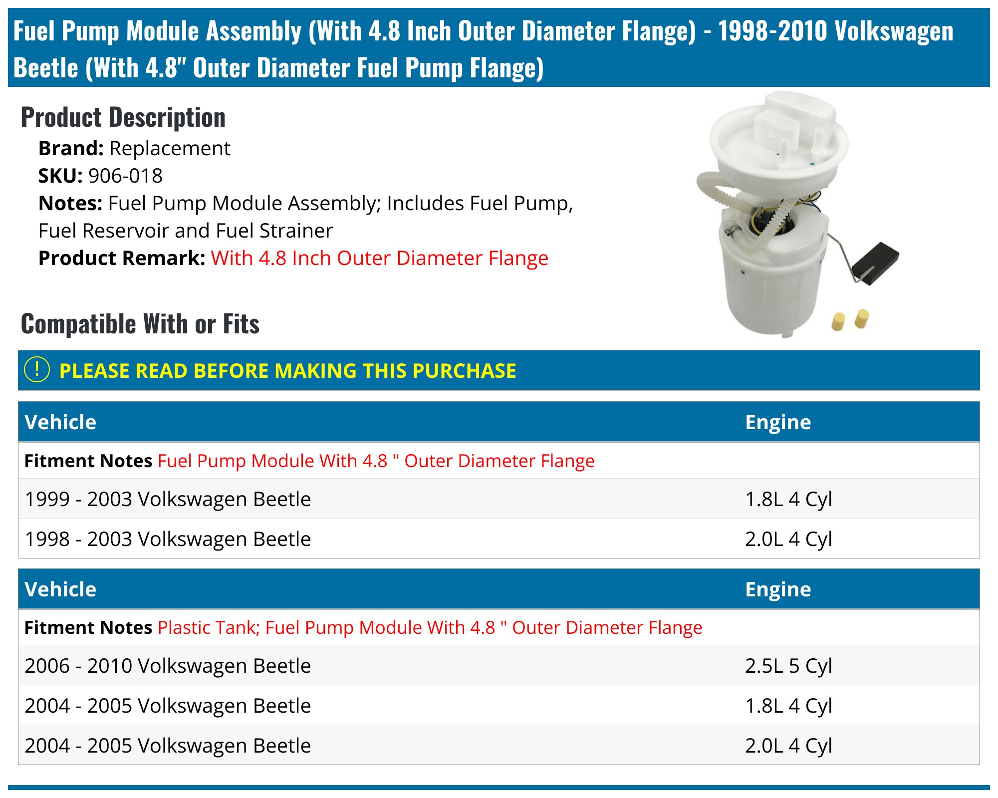 1998-2010 Volkswagen Beetle Fuel Pump - Replacement 906-018 - PartsGeek.com