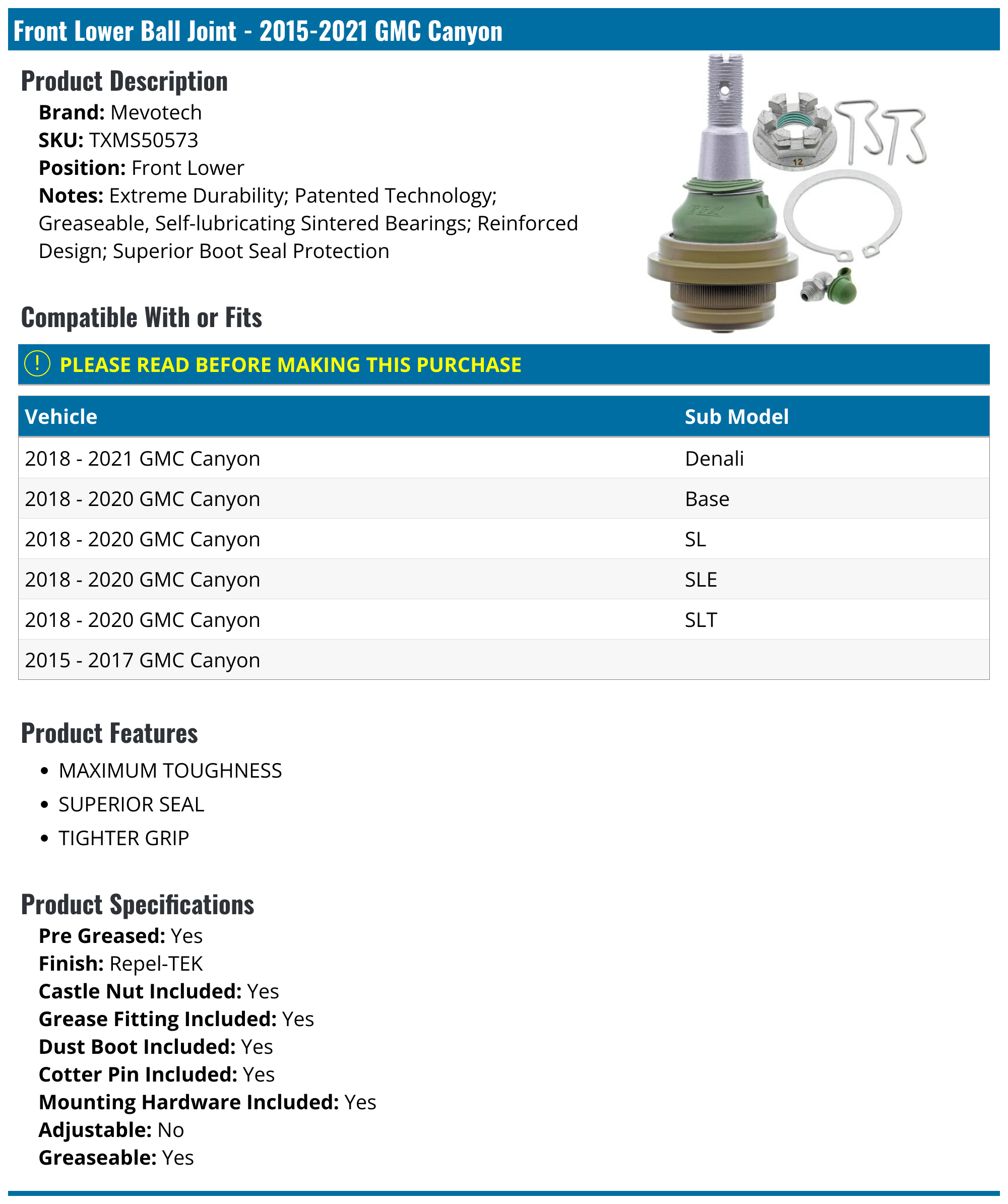 20152021 GMC Canyon Ball Joint Mevotech TXMS50573 Front Lower