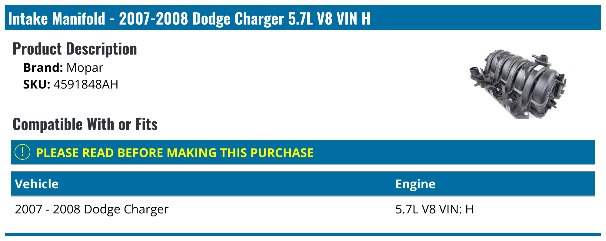 20072008 Dodge Charger Intake Manifold Mopar 4591848AH
