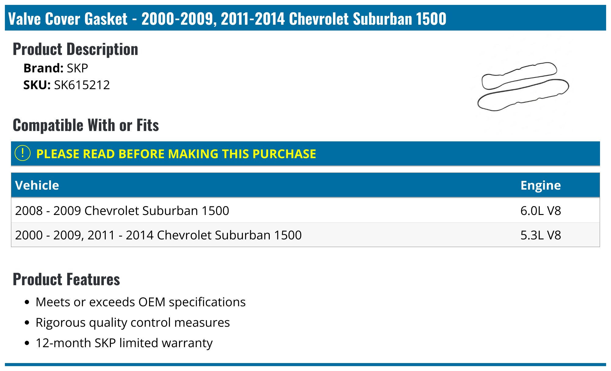 Valve Cover Gasket Set For Chevrolet Suburban 1500 2000-2014 5.3L/6.0L V8 | JPN Brand
