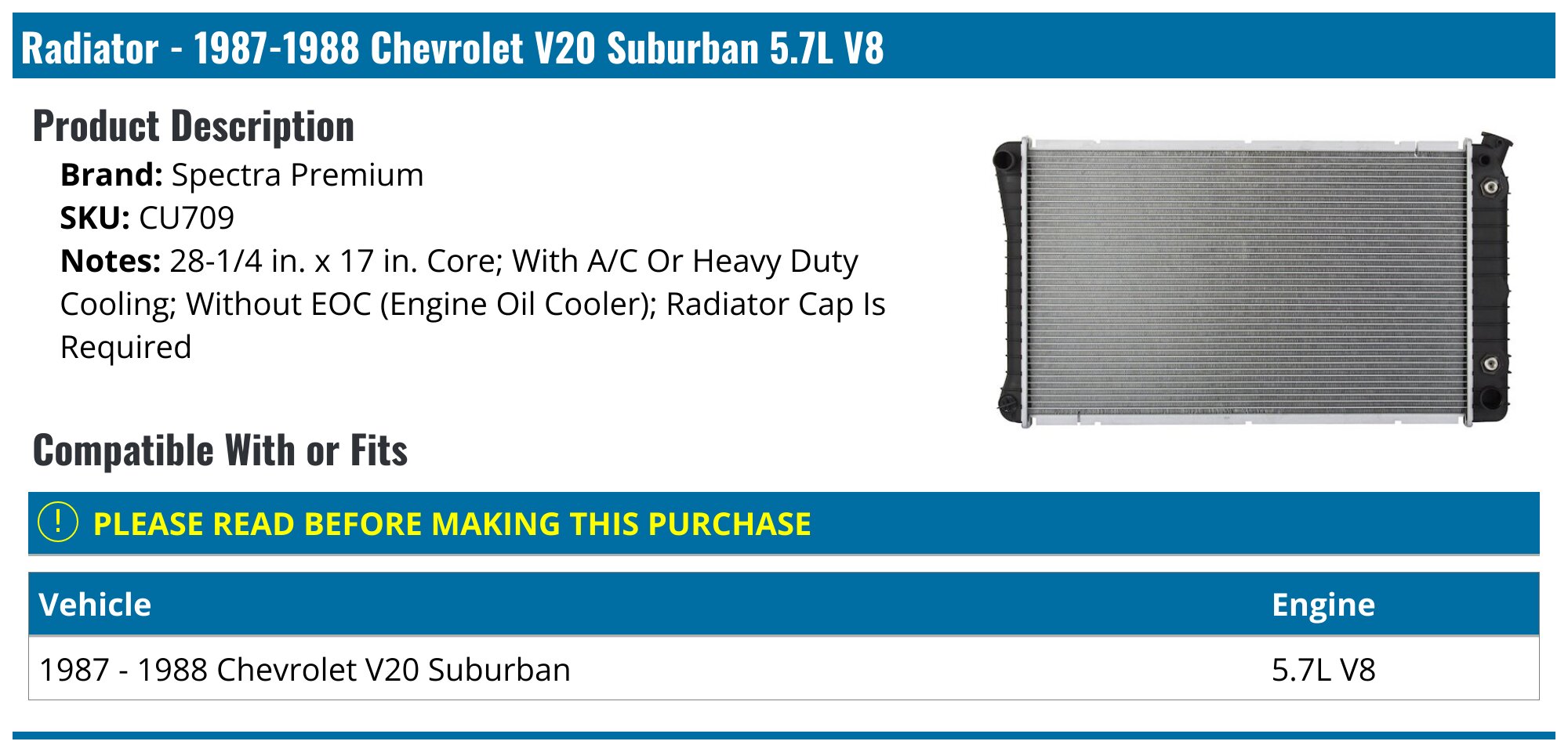Spectra Radiator Symbol 1987-1988 Chevrolet V20 Suburban Radiator - Spectra Premium CU709 ...
