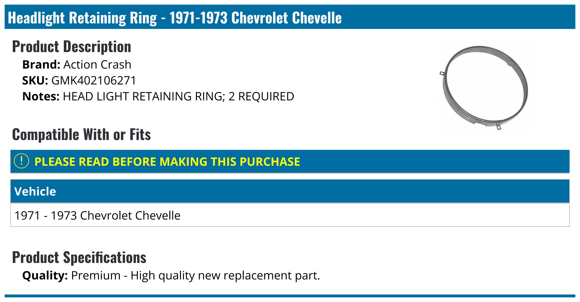 1971 1972 Chevrolet Chevelle El Camino Headlight Retaining Ring – DYNACORN 7HL