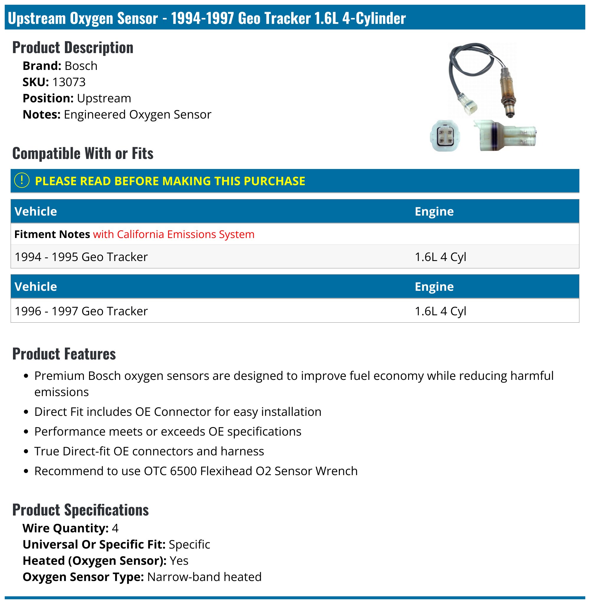 Upstream Oxygen Sensor For GEO Tracker Sidekick Passport Amigo Rodeo – 3-Wire Direct Fit