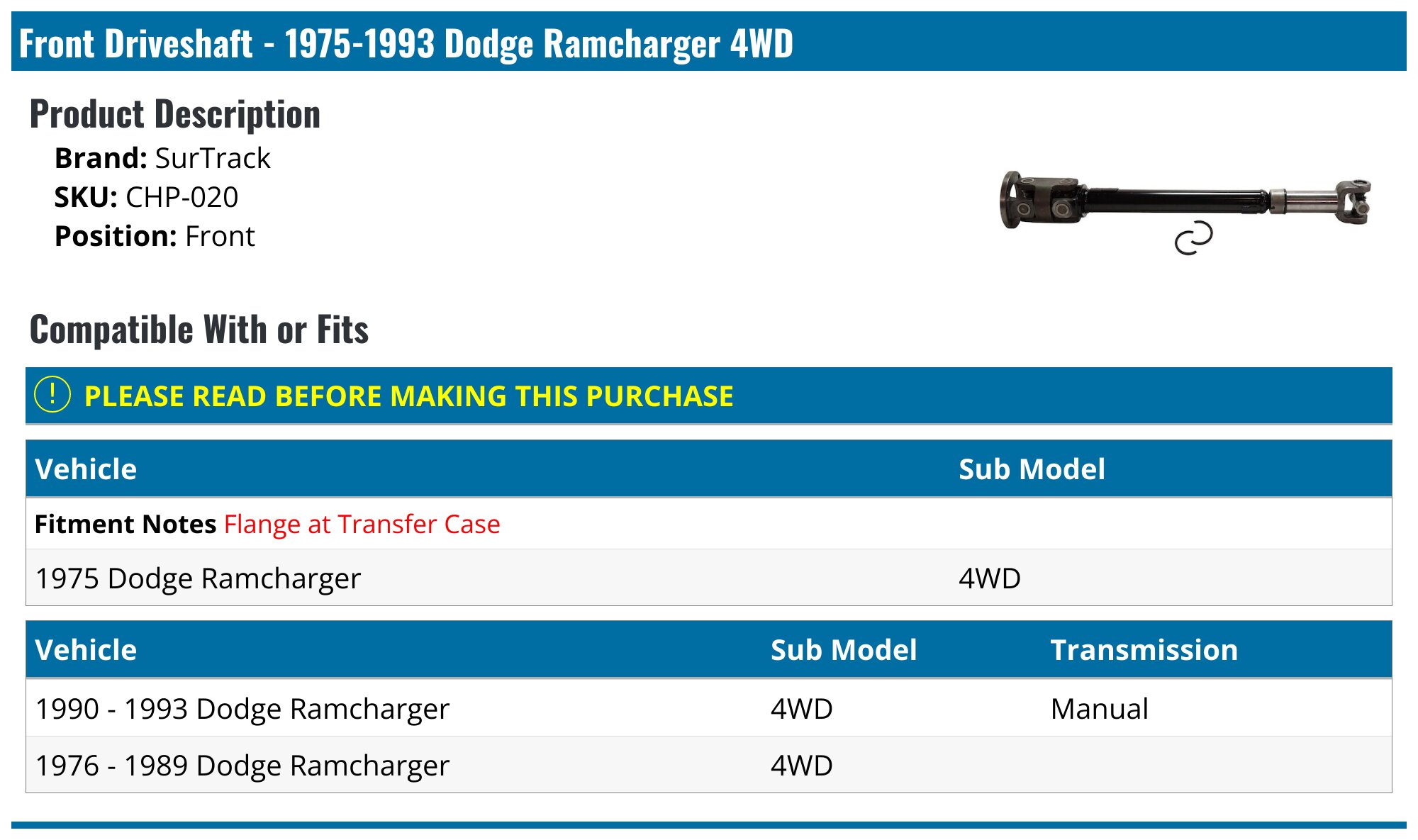 30.75 Inch Front Driveshaft For 1975-1993 Dodge Ramcharger W150 W250 4WD – Direct Replacement By Bodeman
