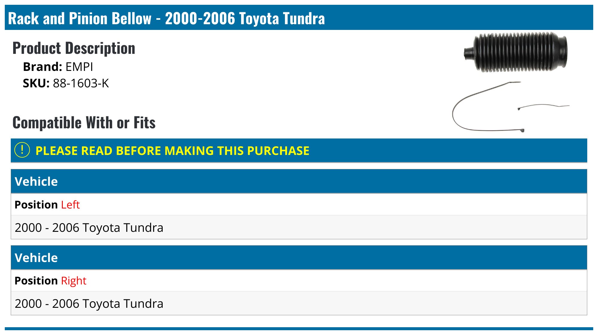 EMPI Rack And Pinion Boot Kit For Toyota Tundra 2000-2006