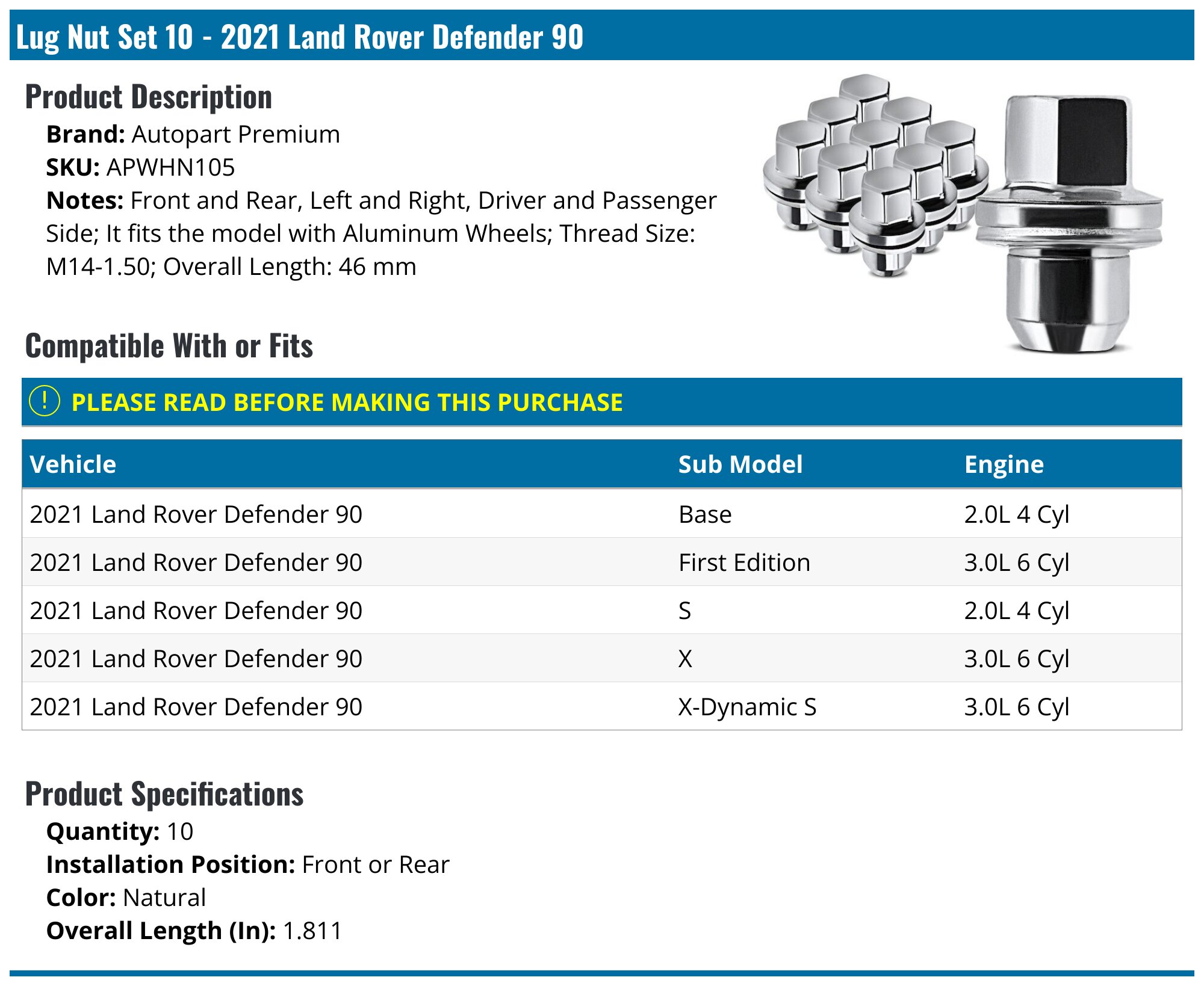 Defender Lug Key 2021 Land Rover Defender 90 Lug Nut - Autopart Premium APWHN105 - Front ...