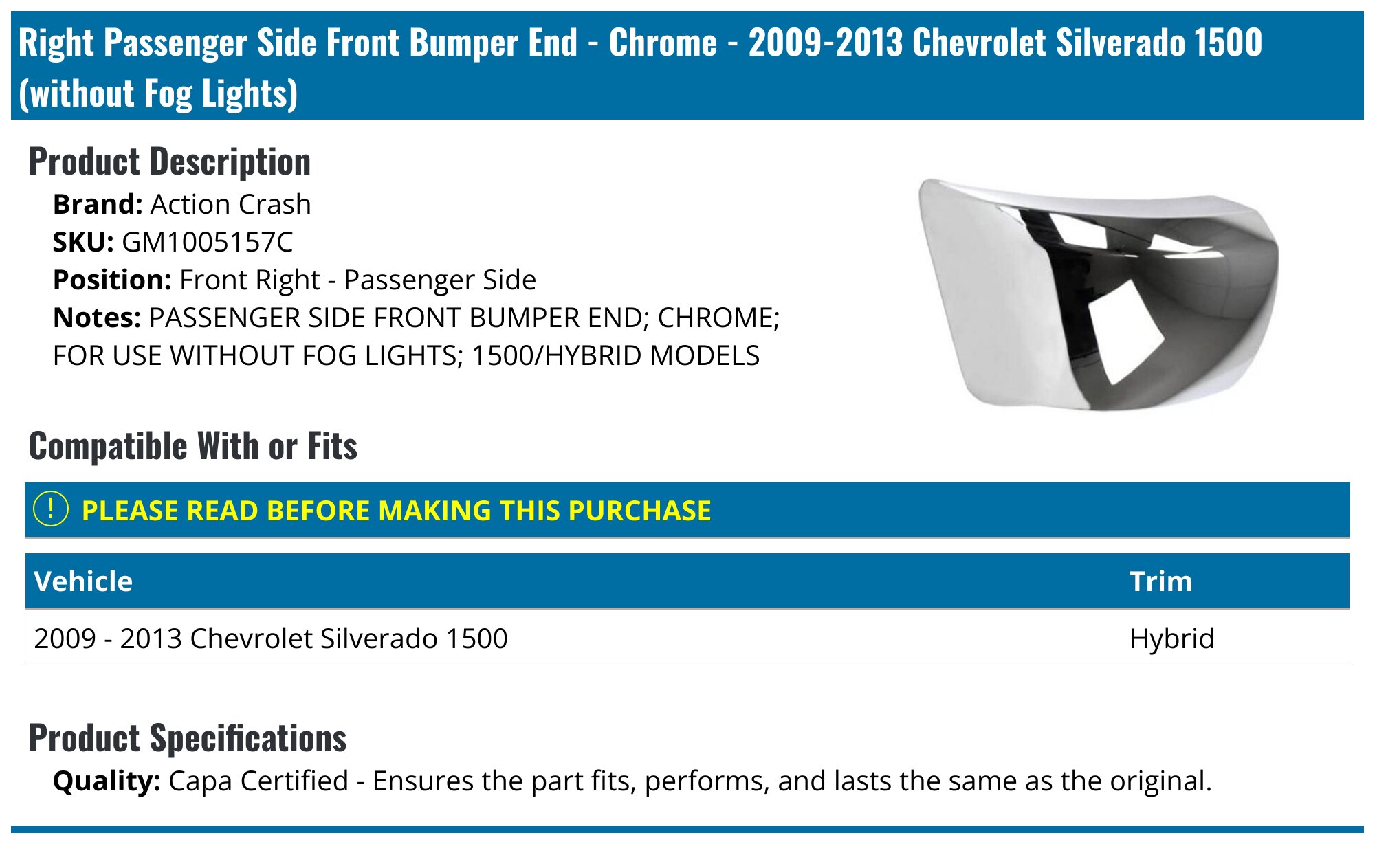 Bumper Filler For 2007-2013 Chevrolet Silverado 1500 Front Outer