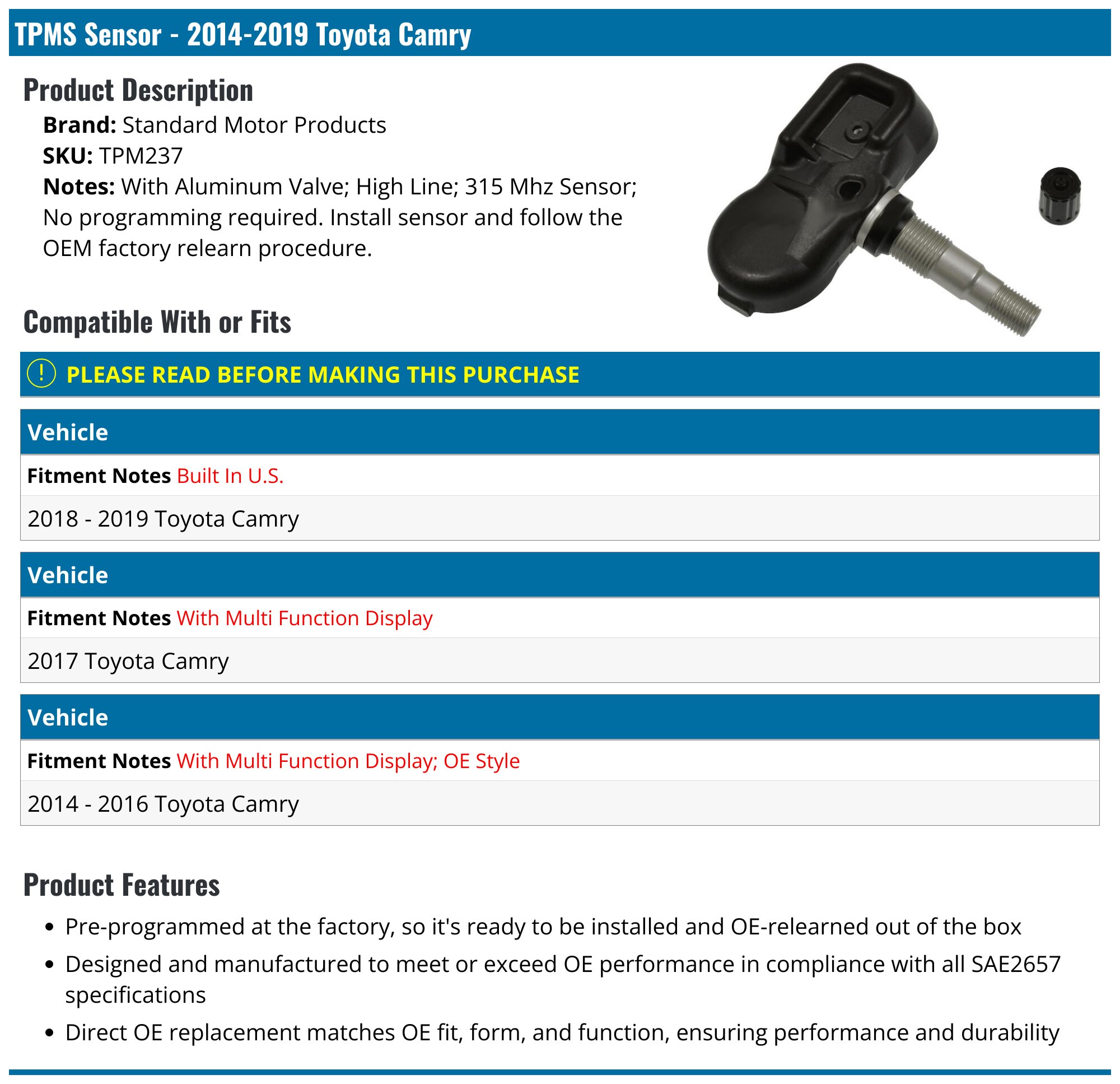 OEM vs Aftermarket Toyota Camry TPMS sensor comparison