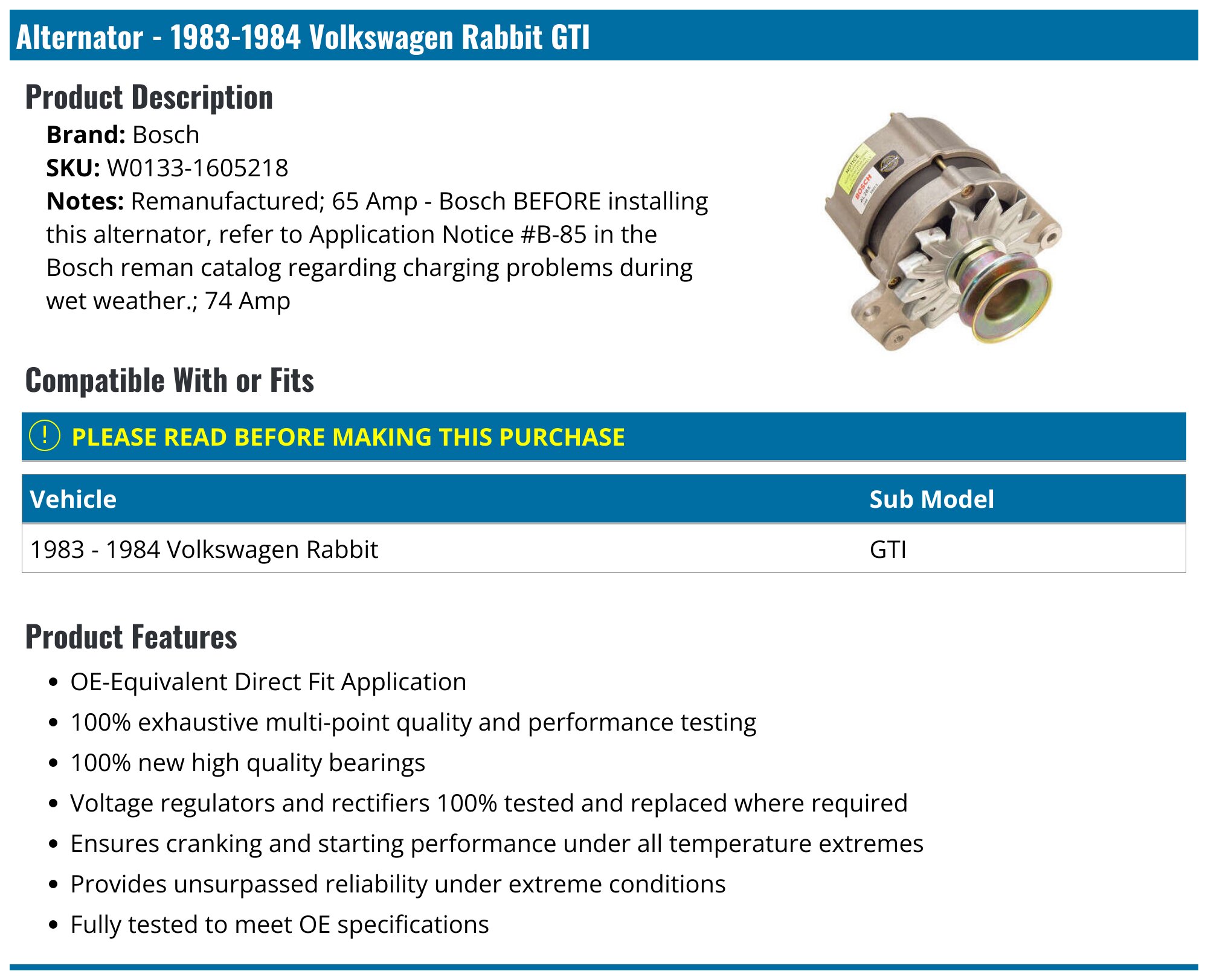 Bosch 65 Amp Alternator For VW Rabbit 1977-1984 4-Cylinder – Remanufactured With 1-Year Warranty-1417628