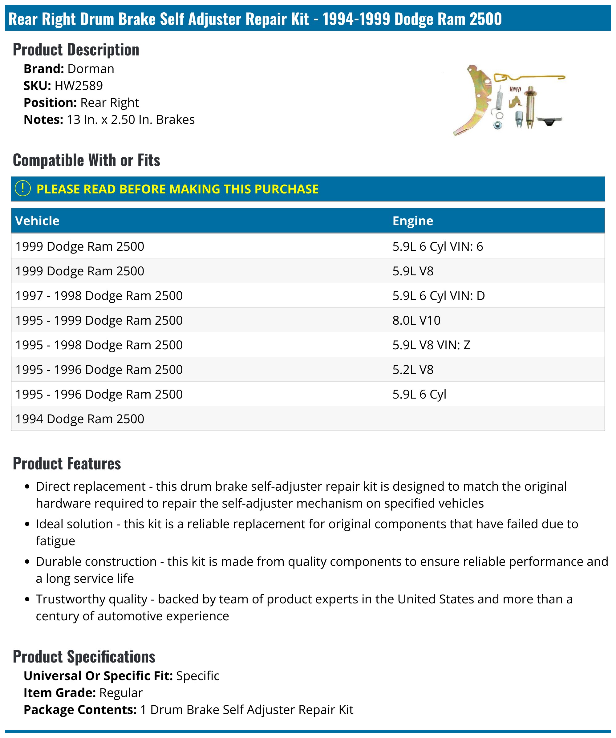 1994-1999 Dodge Ram 2500 Drum Brake Self Adjuster Repair Kit