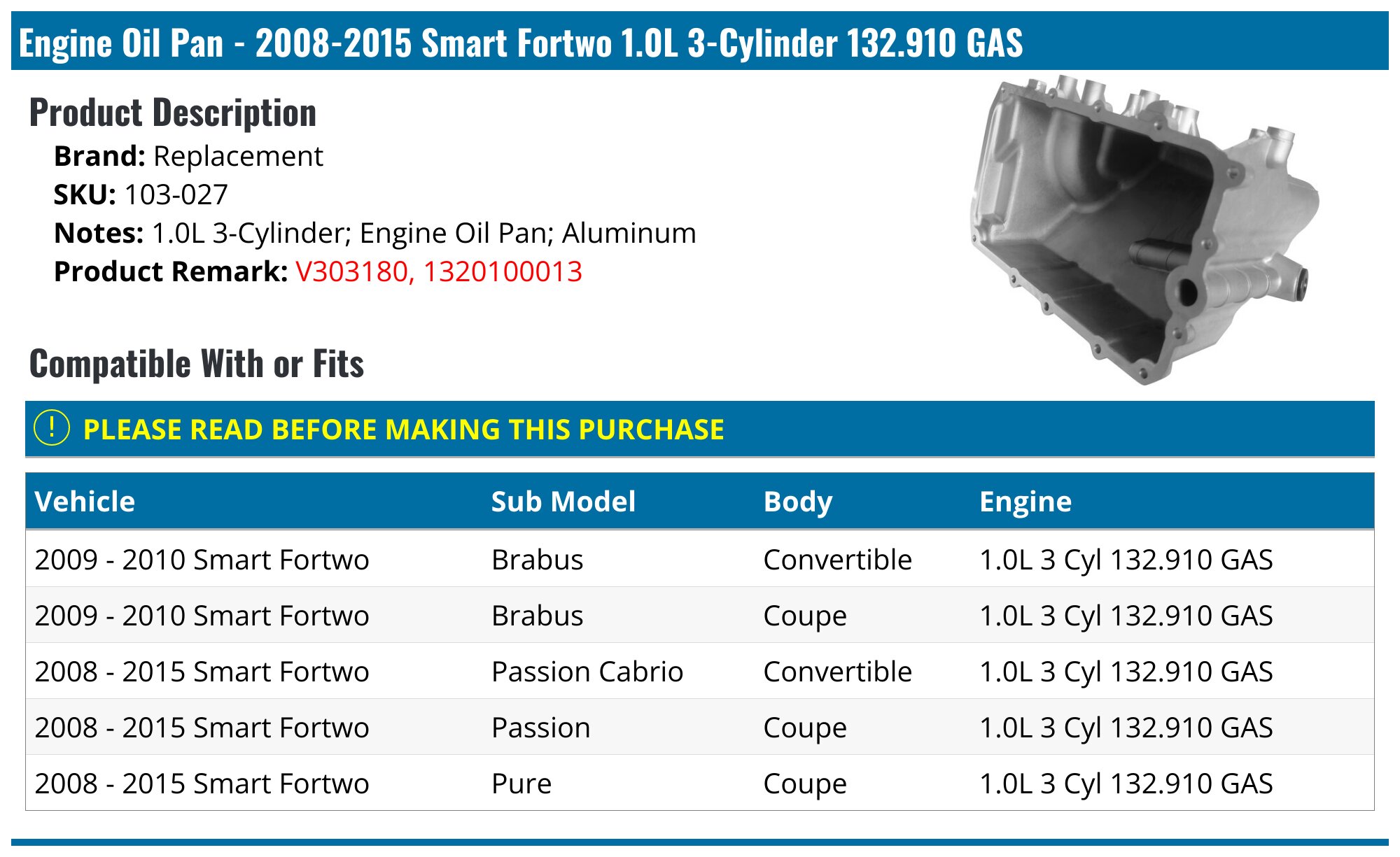 Vphix Fuel Pump Assembly For 2008-2015 Smart Fortwo 1.0L L3 (Naturally Aspirated)
