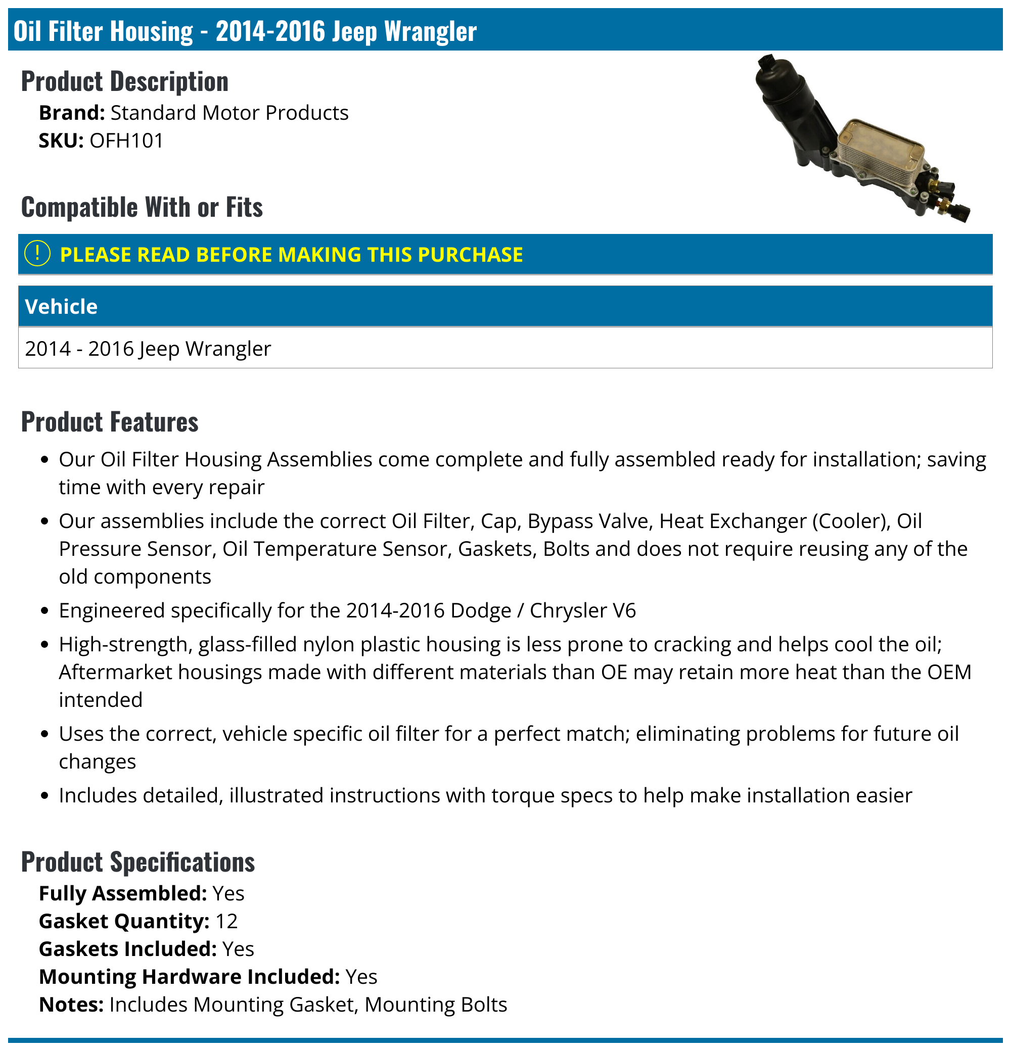 20142016 Jeep Wrangler Oil Filter Housing Standard Motor Products