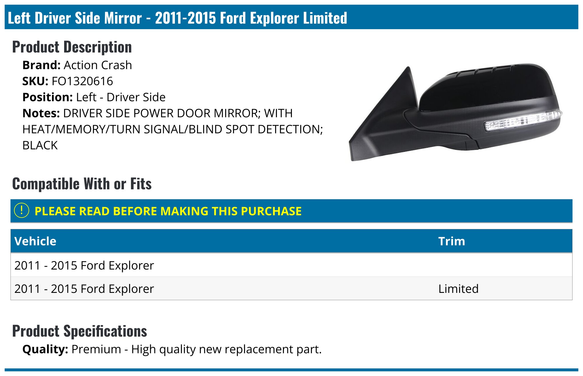 Used OEM Ford Explorer Left Driver Side View Mirror – Power Black – 2011-2015