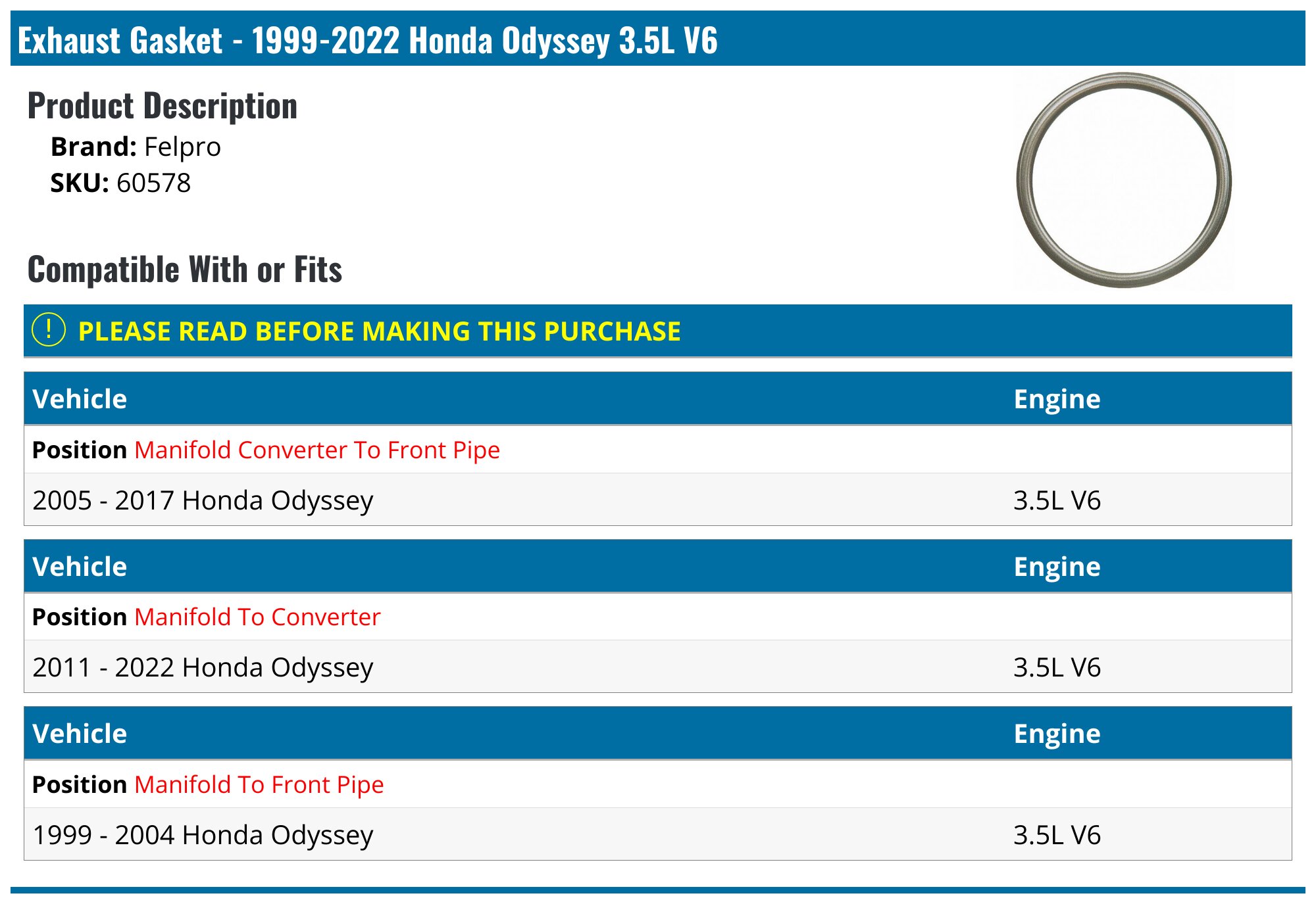 60567 Fel-Pro Exhaust Pipe Flange Ring Made In Japan 60567 Fel-Pro | EBay