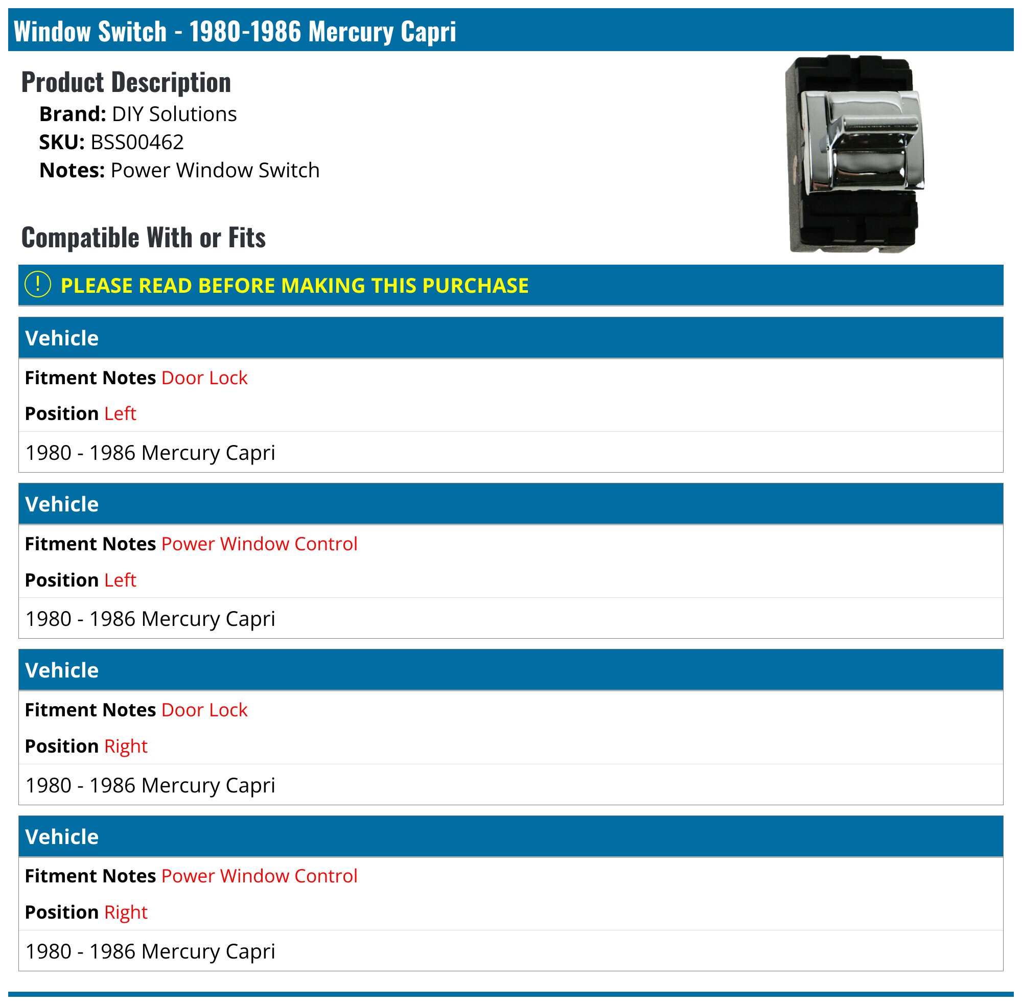 19801986 Mercury Capri Window Switch DIY Solutions BSS00462 Right