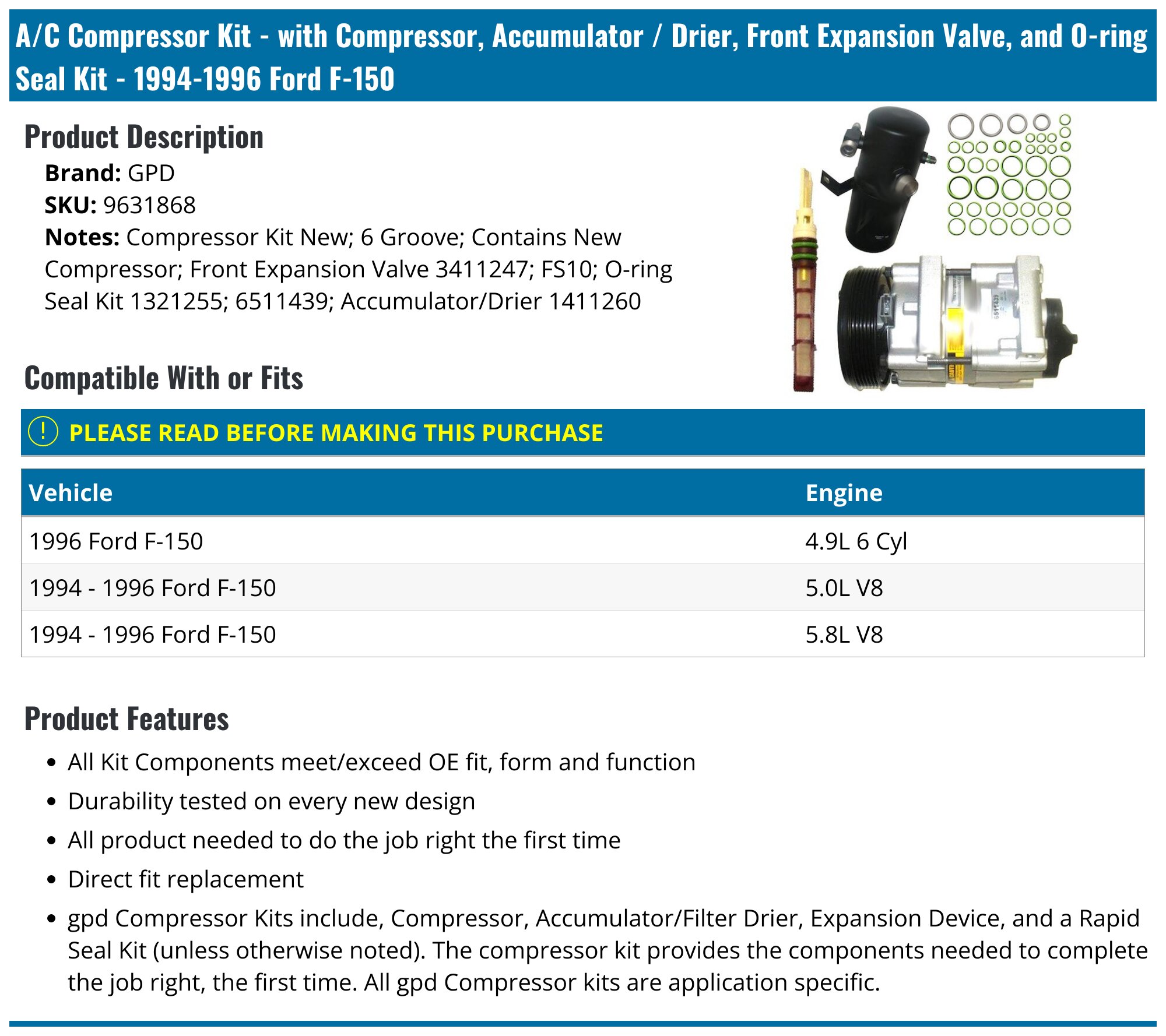 AC Accumulator Drier For 1994-1996 Ford F150 F250 F350 & Bronco - Fits 5.0L 5.8L V8, 7.3L 7.5L Diesel, 4.9L L6