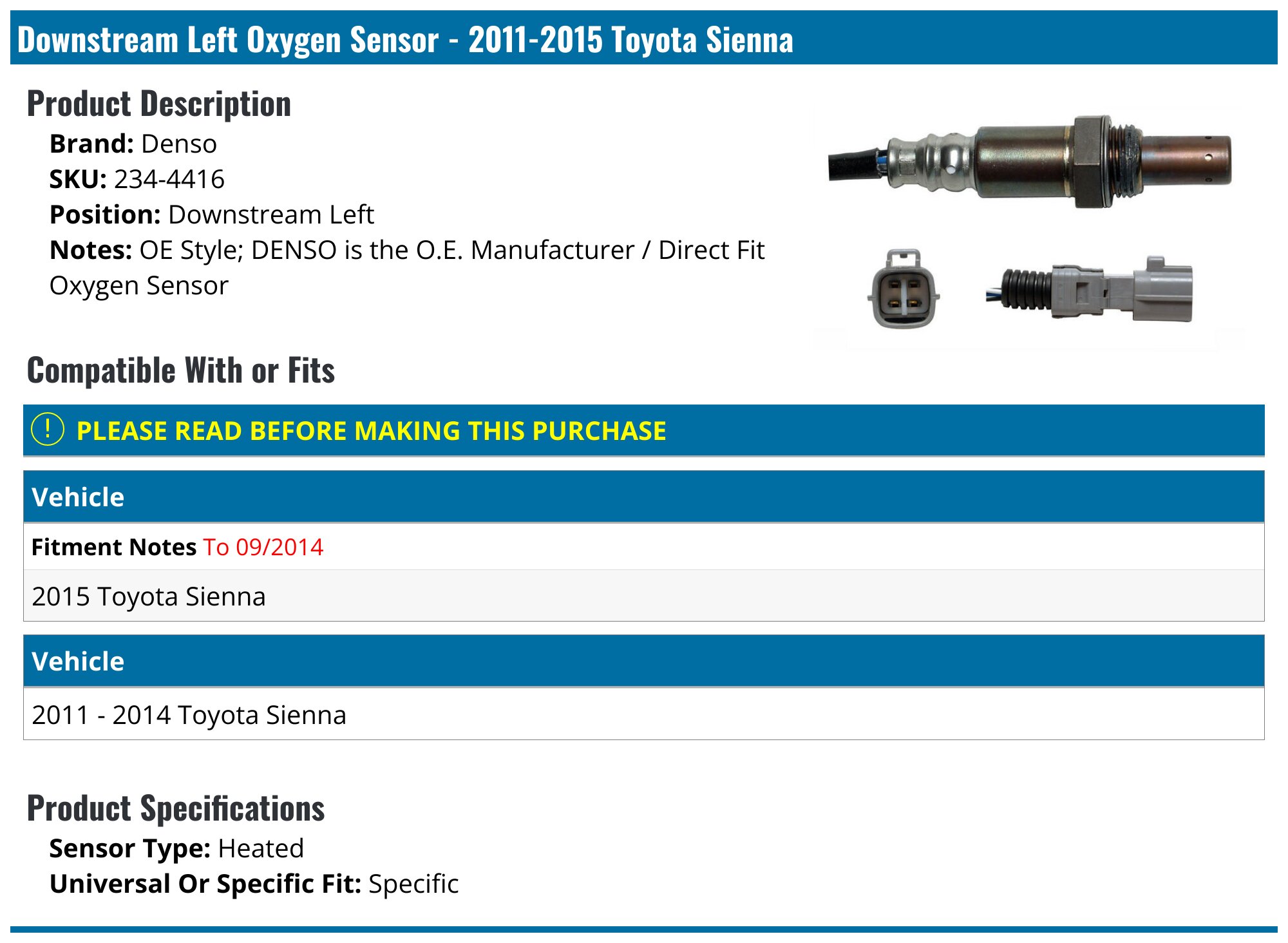 O2 Sensor Sienna 2011-2015 Toyota Sienna Oxygen Sensor - Denso 234-4416 - Downstream ...